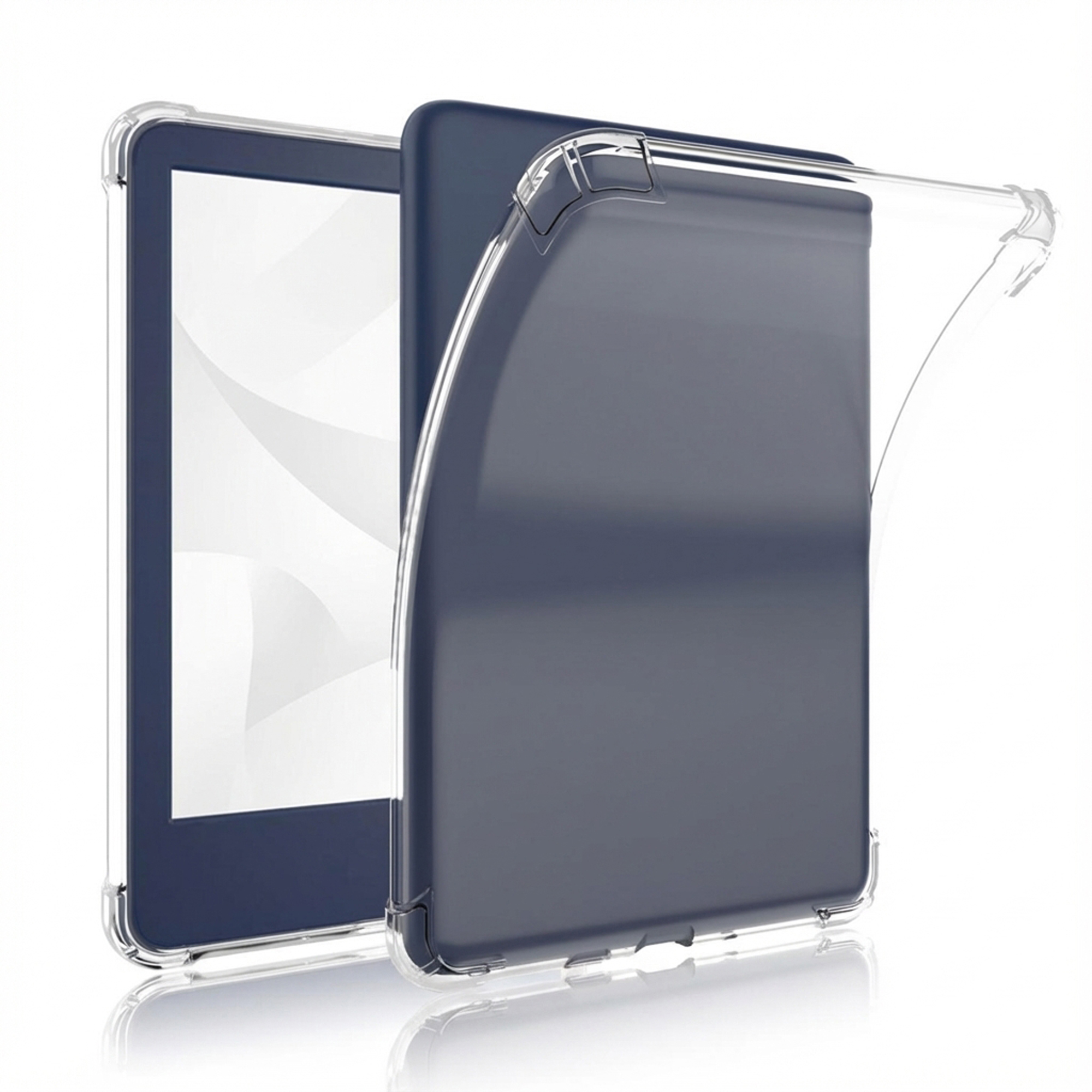 Une tablette avec un écran bleu foncé est enfermée dans un étui de protection transparent. Le fond est blanc.