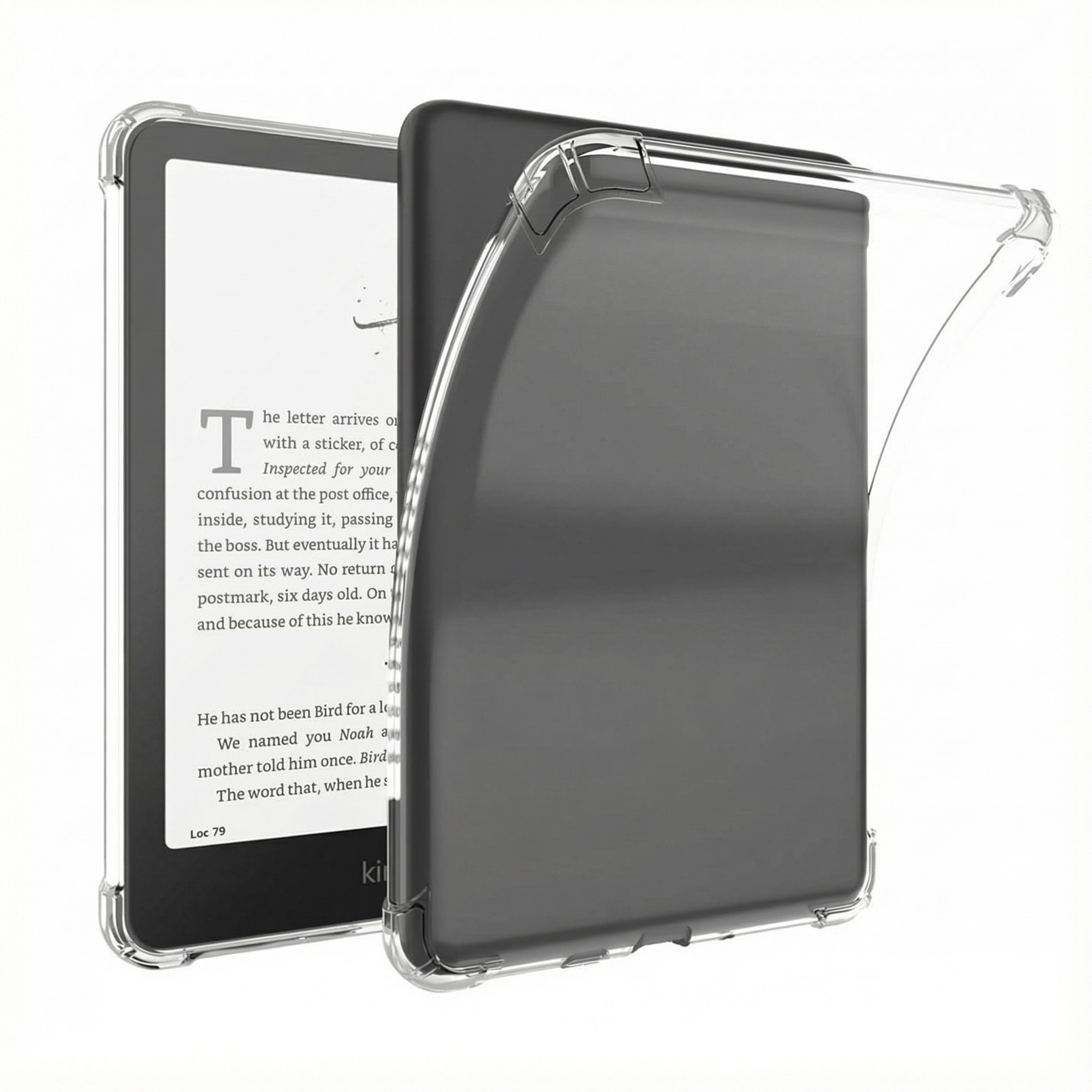 Liseuse Kindle avec un étui de protection transparent. L'écran affiche du texte. L'étui est transparent.