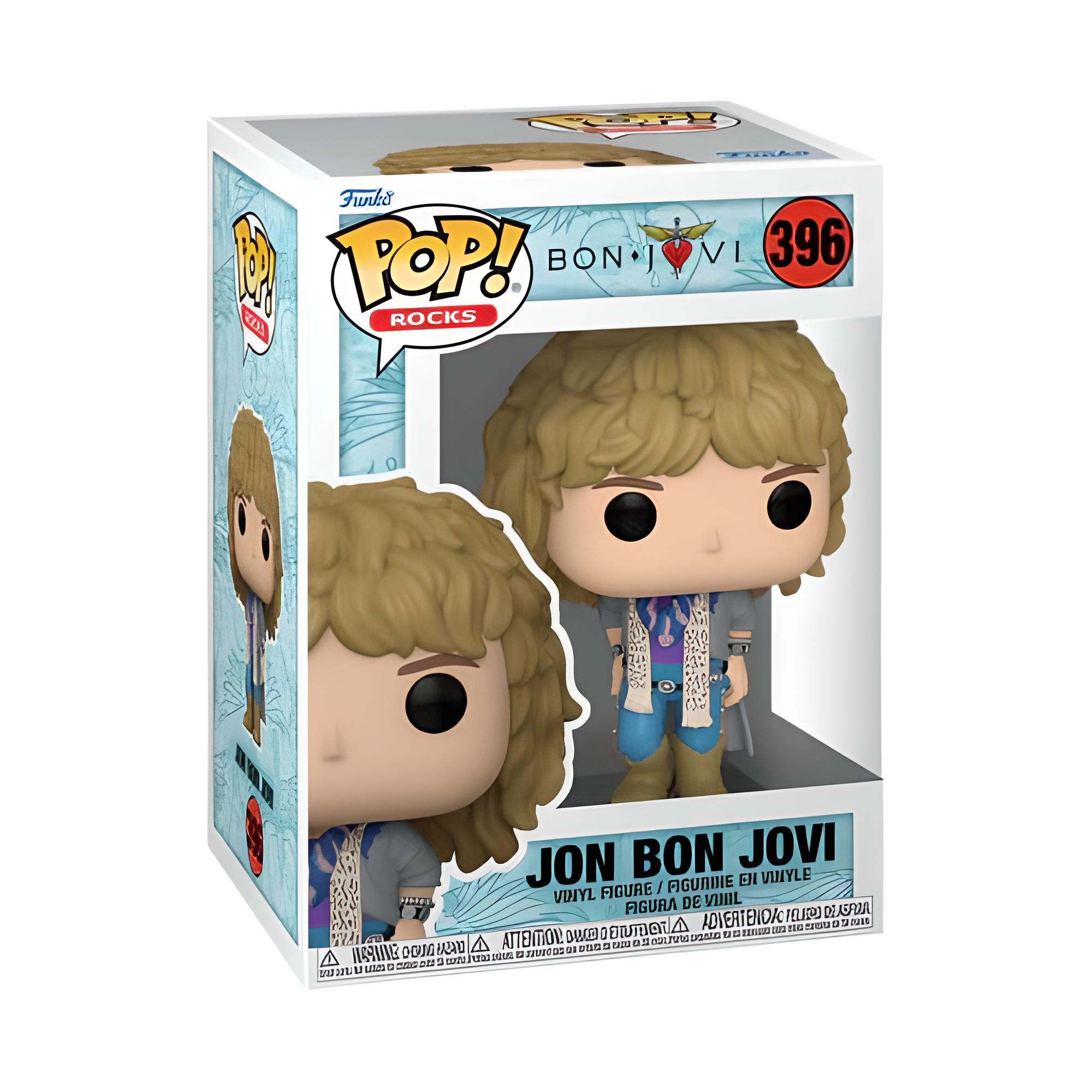 Figura Funko Pop di Jon Bon Jovi in una scatola. La figura ha i capelli biondi, pantaloni blu e una giacca grigia.