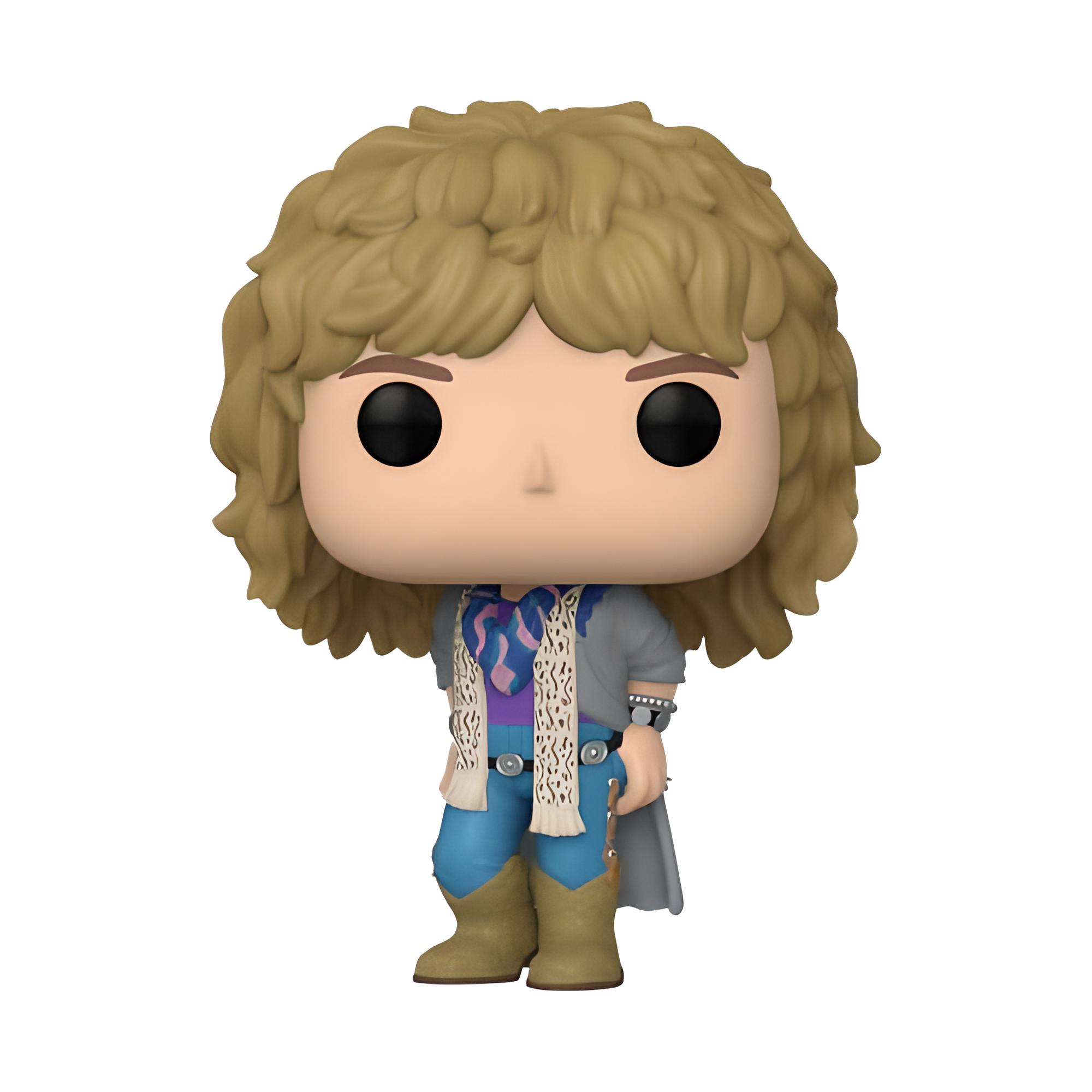 Una figura Funko Pop di Eddie Munson da Stranger Things. Ha i capelli lunghi, una giacca di jeans e stivali.