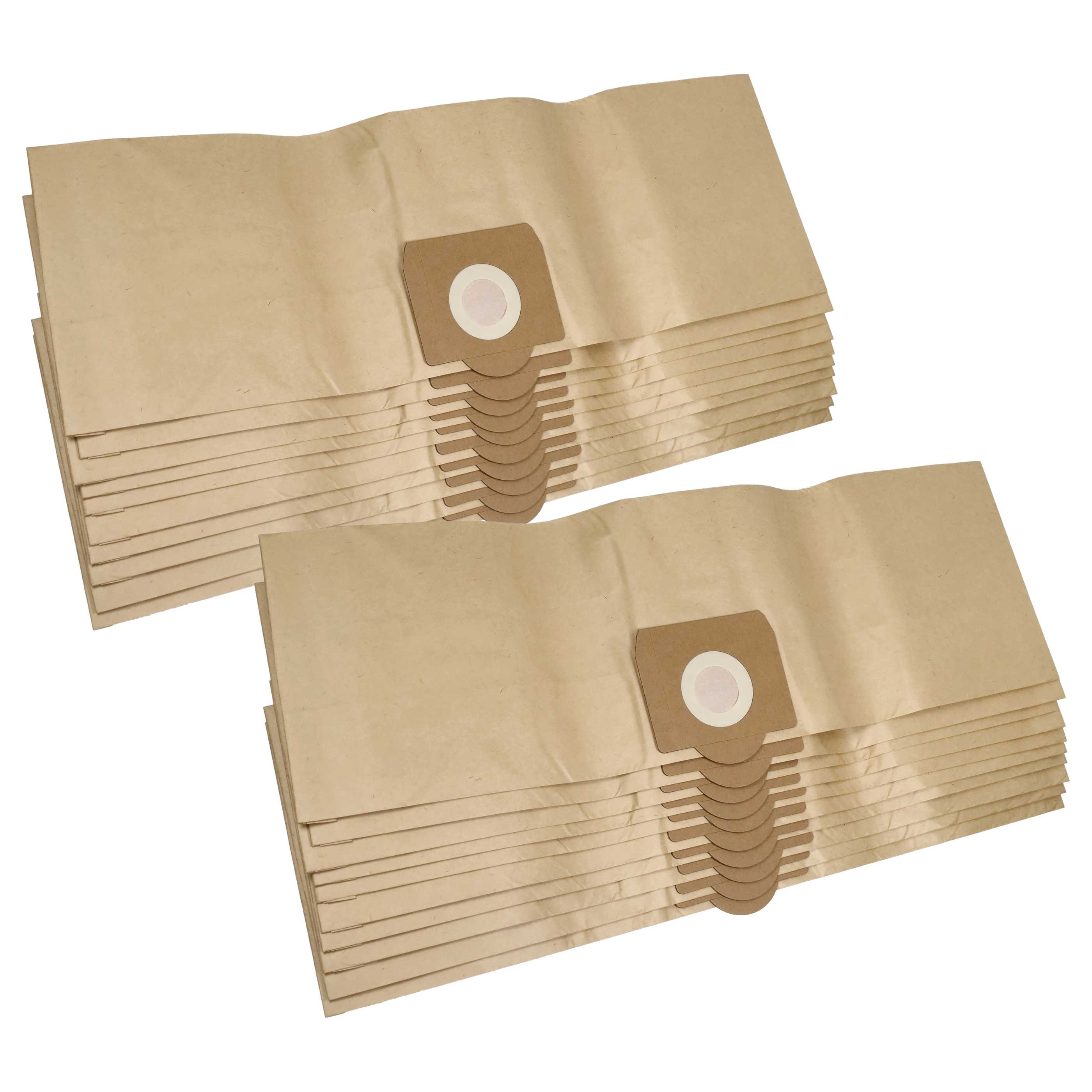 Zwei Stapel brauner Papierstaubsaugerbeutel mit kreisförmigem Filterelement auf weißem Hintergrund.