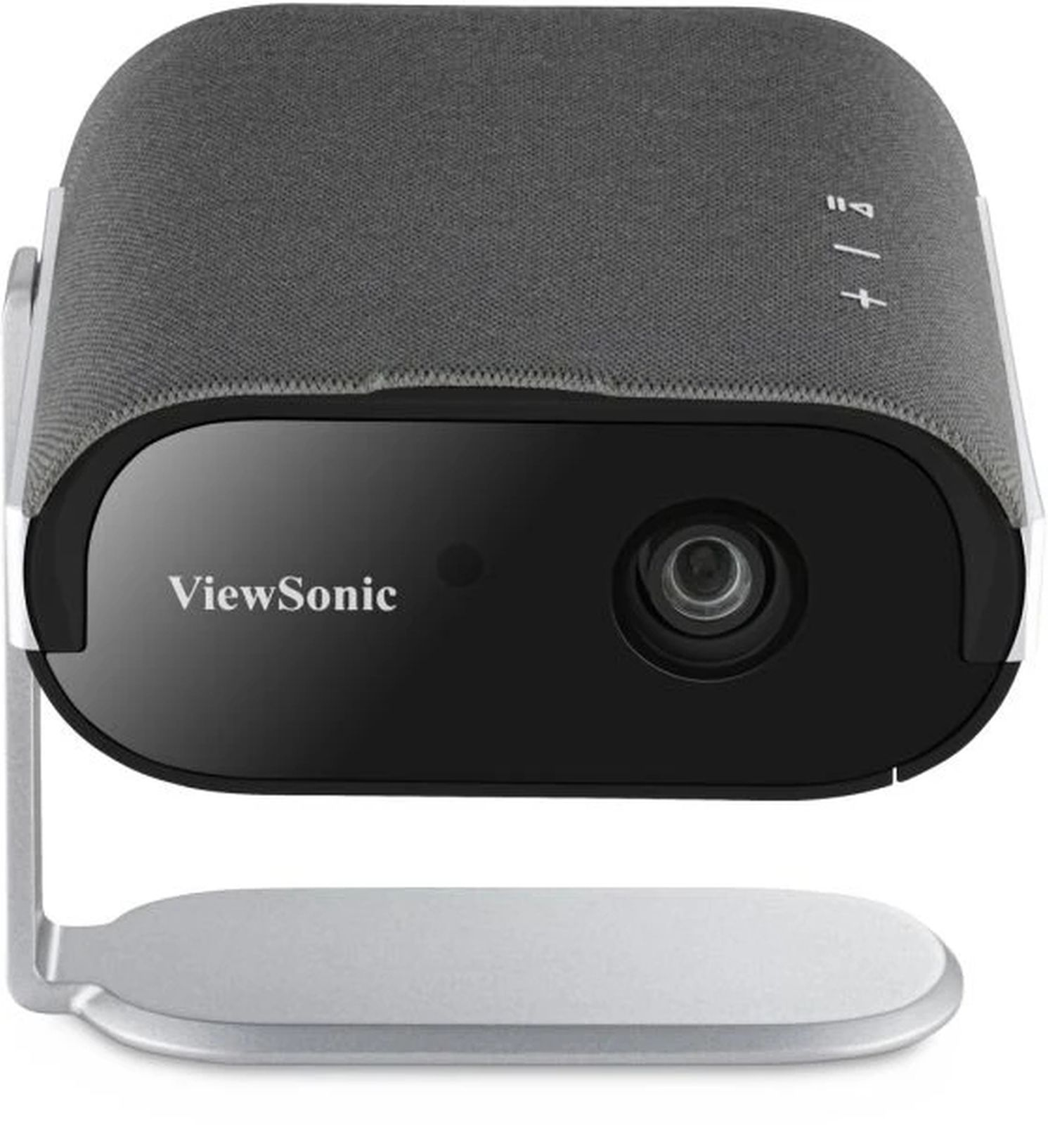 Ein ViewSonic-Projektor, schwarze Vorderseite, graue Oberseite, auf einem silbernen Ständer. Das ViewSonic-Logo ist sichtbar. Der Projektor hat eine Linse.