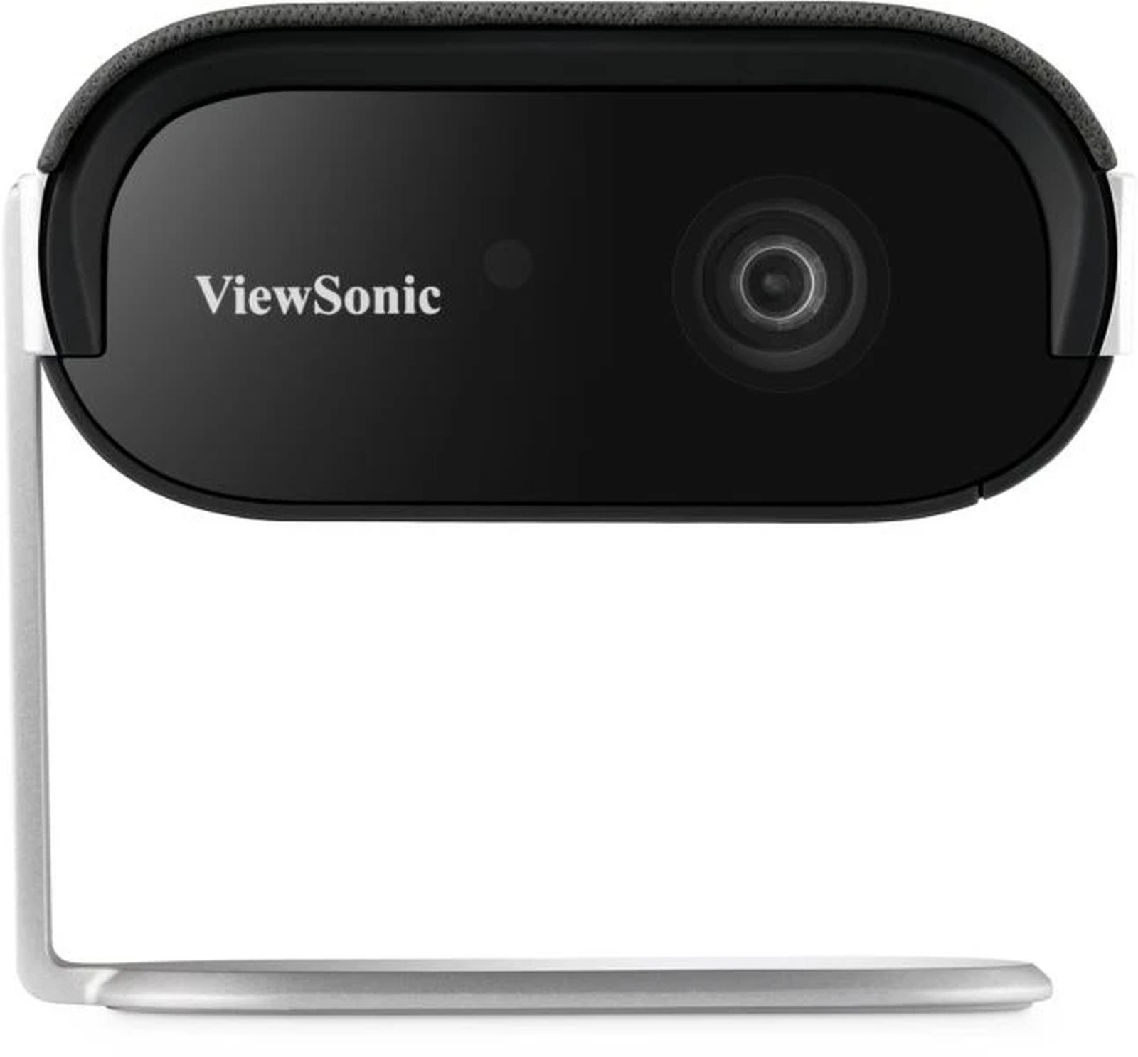Ein schwarzer ViewSonic-Projektor mit silbernem Ständer. Die Linse ist sichtbar. Die Oberseite hat eine strukturierte graue Oberfläche.