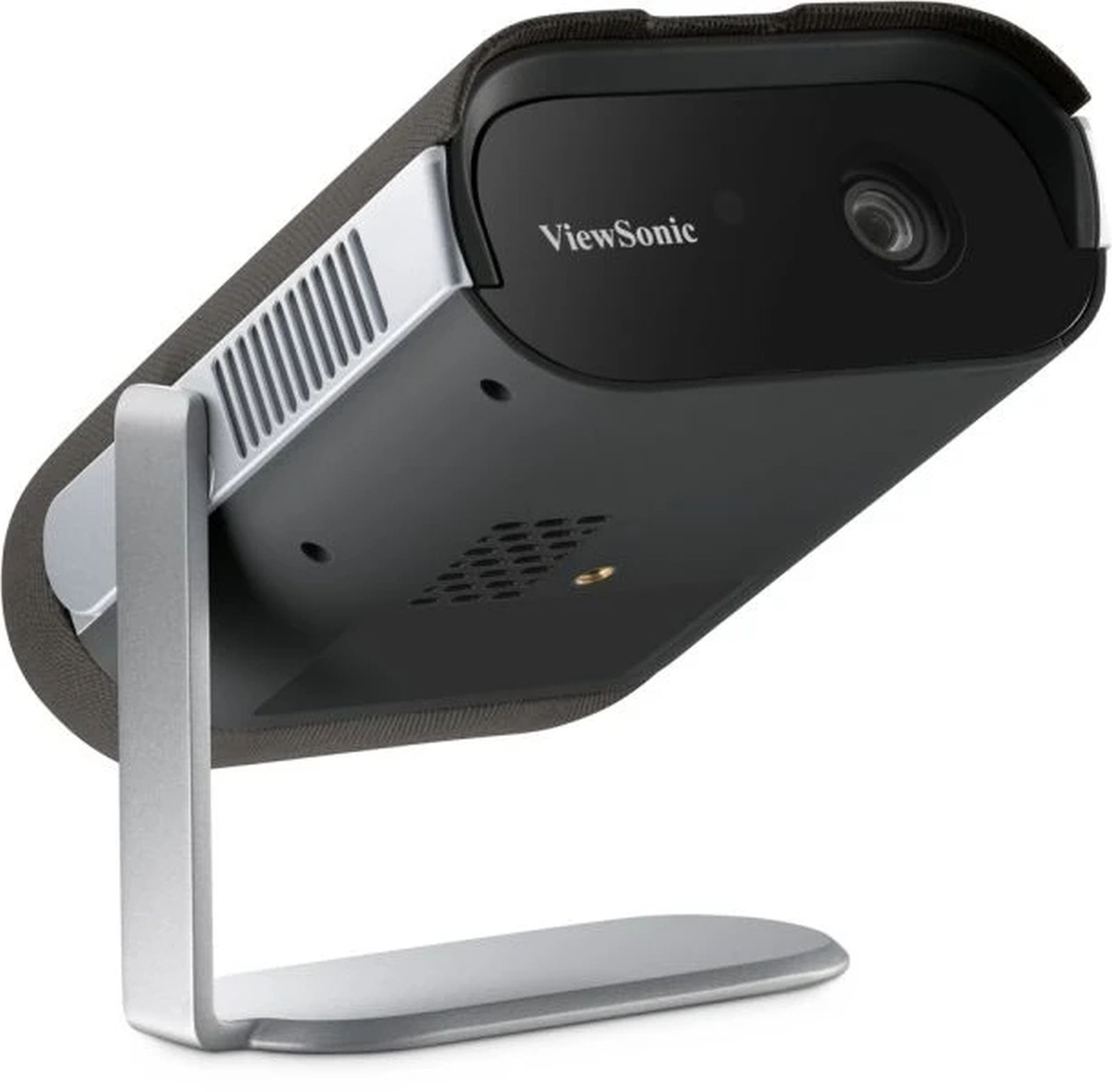 Ein schwarzer ViewSonic-Projektor steht auf einem silbernen Ständer. Der Projektor hat eine Linse und Luftschlitze. Der Ständer ist U-förmig.