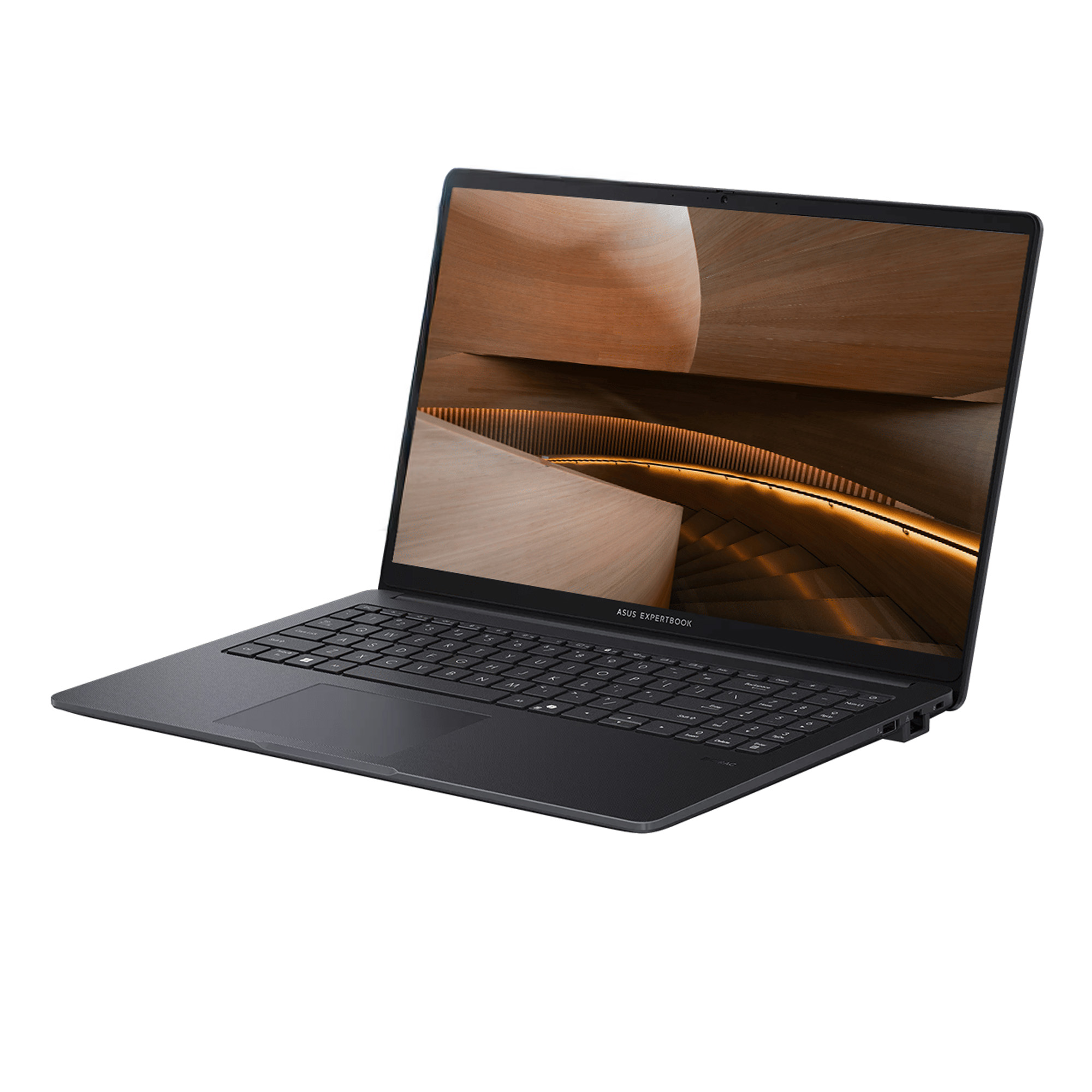 Koyu gri bir ASUS ExpertBook dizüstü bilgisayar açık, ahşap bir mimari tasarım sergiliyor. Dizüstü bilgisayar beyaz bir arka plan üzerinde.