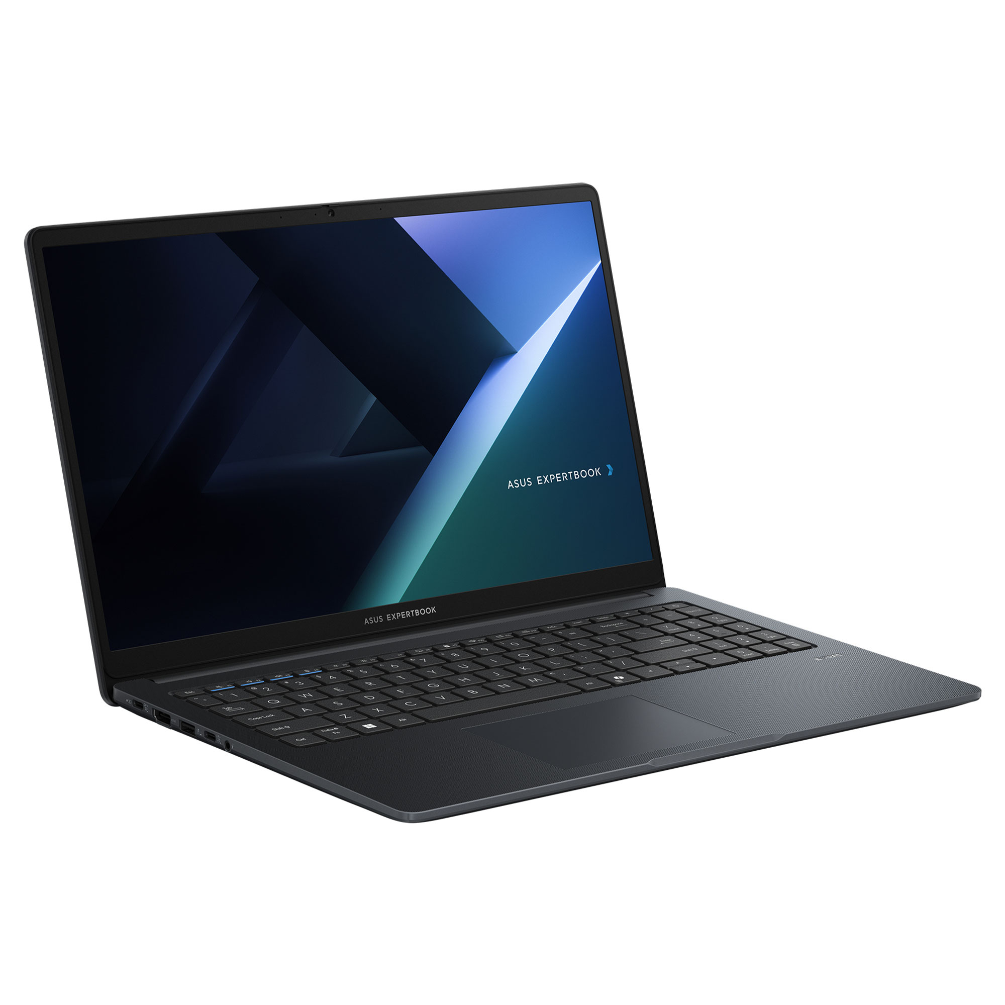 Koyu gri bir ASUS ExpertBook dizüstü bilgisayar. Ekran mavi ve turkuaz soyut bir tasarım görüntülüyor. Klavye görünür. Beyaz arka plan.