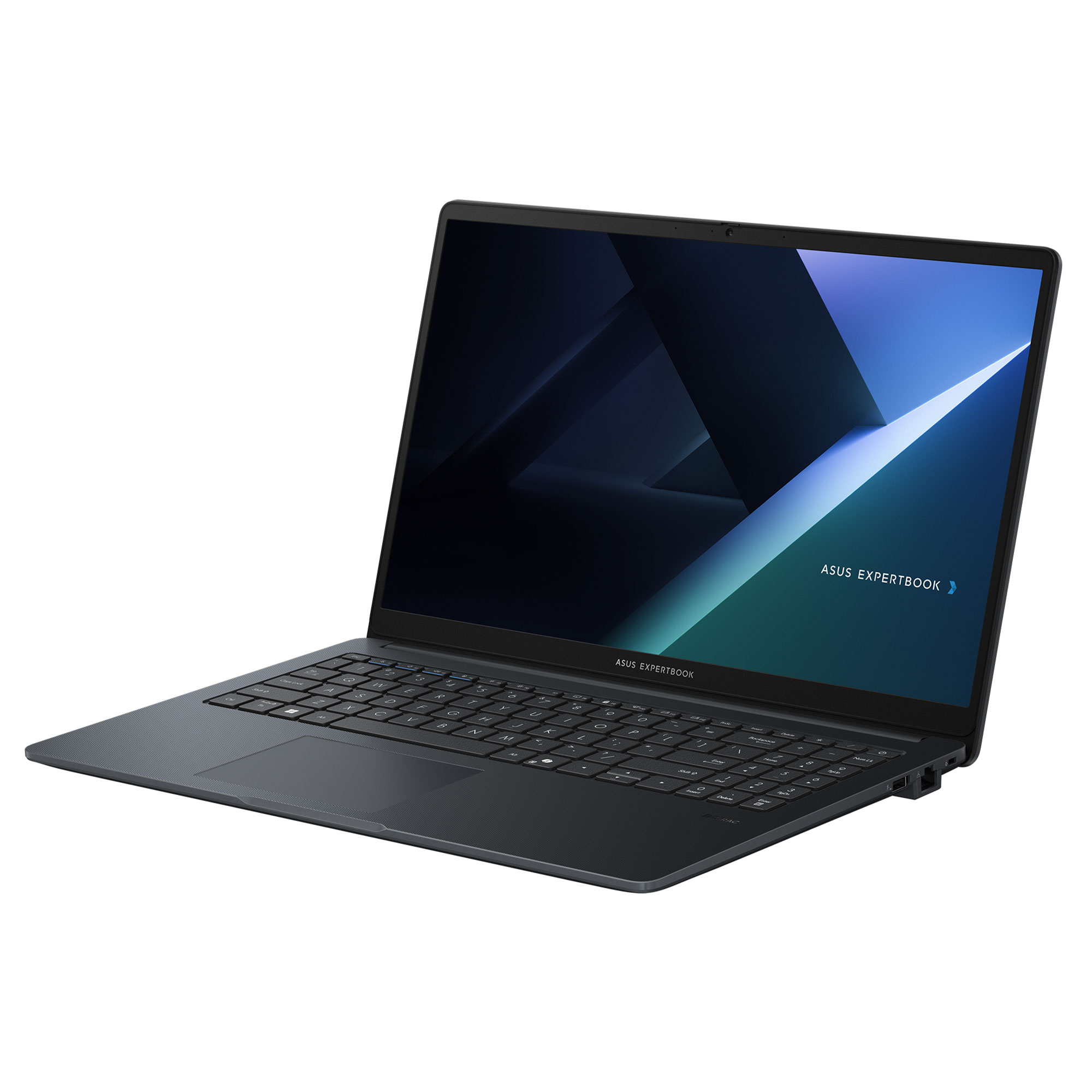 Koyu gri bir ASUS ExpertBook dizüstü bilgisayar, beyaz bir arka plan üzerinde açık, klavye ve ekranı gösteriyor.