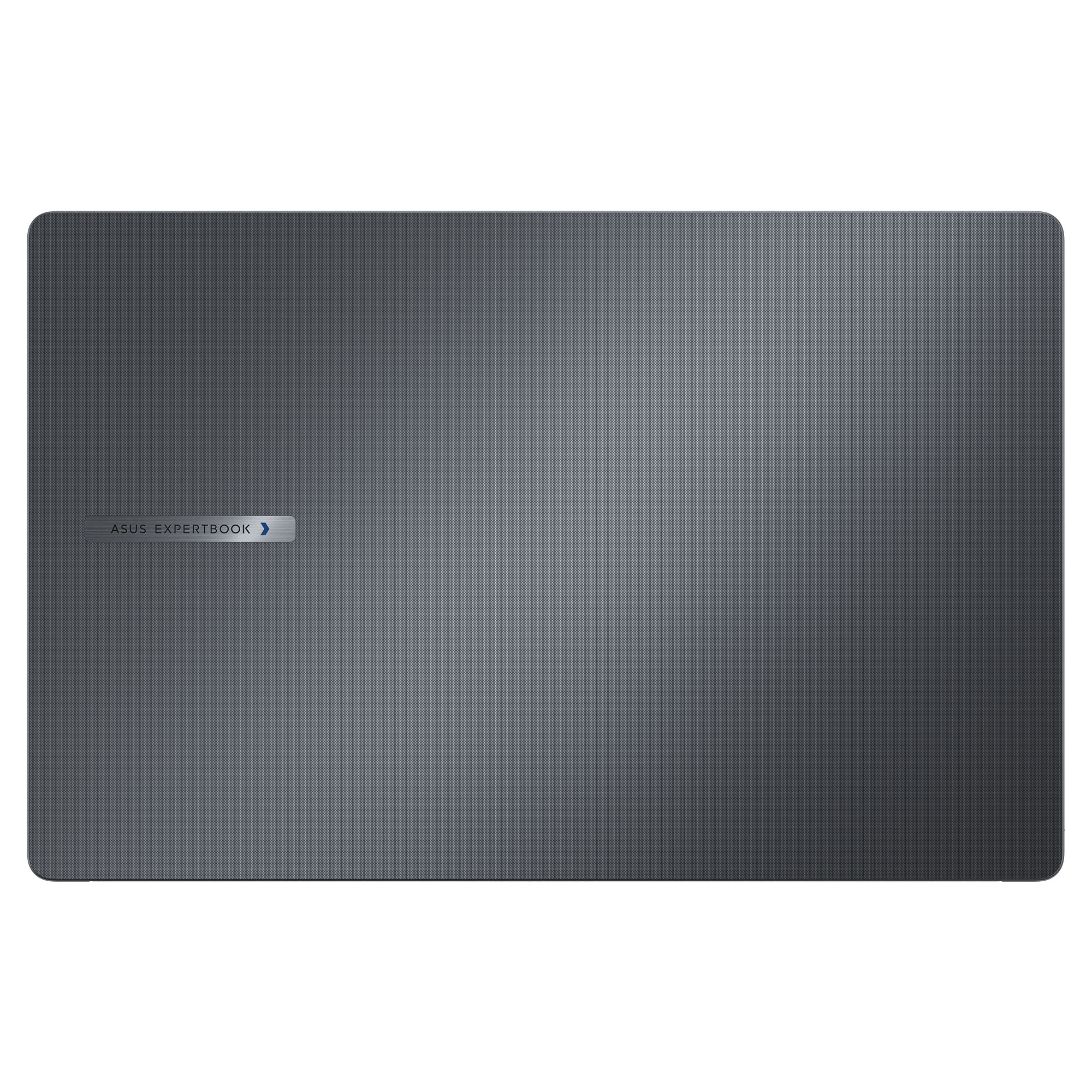 Dokulu desenli koyu gri dizüstü bilgisayar kapağı. Sol tarafta 'ASUS EXPERTBOOK' etiketi bulunuyor.