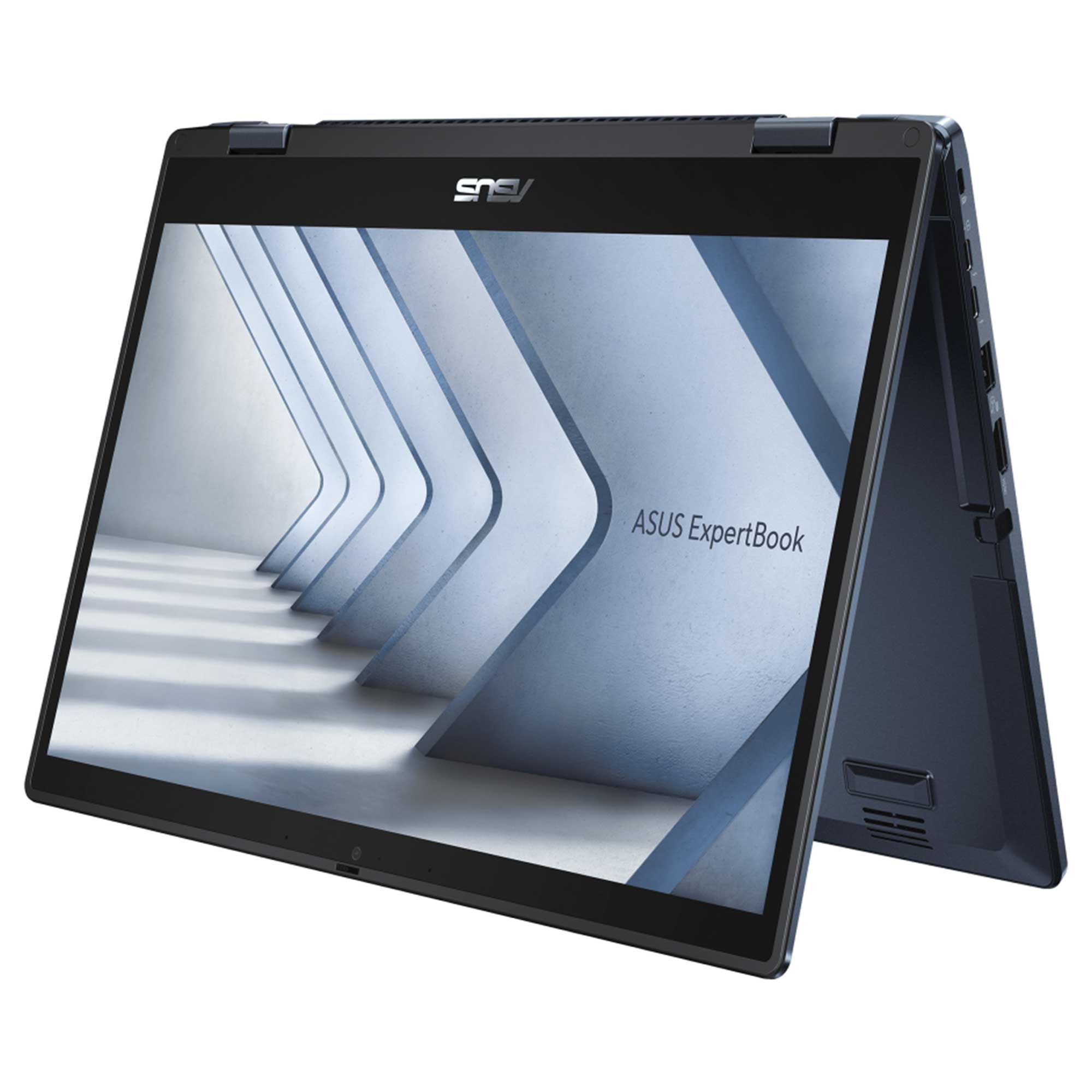 Koyu mavi bir ASUS ExpertBook dizüstü bilgisayar. Ekran beyaz ve mavi geometrik bir tasarım gösteriyor.