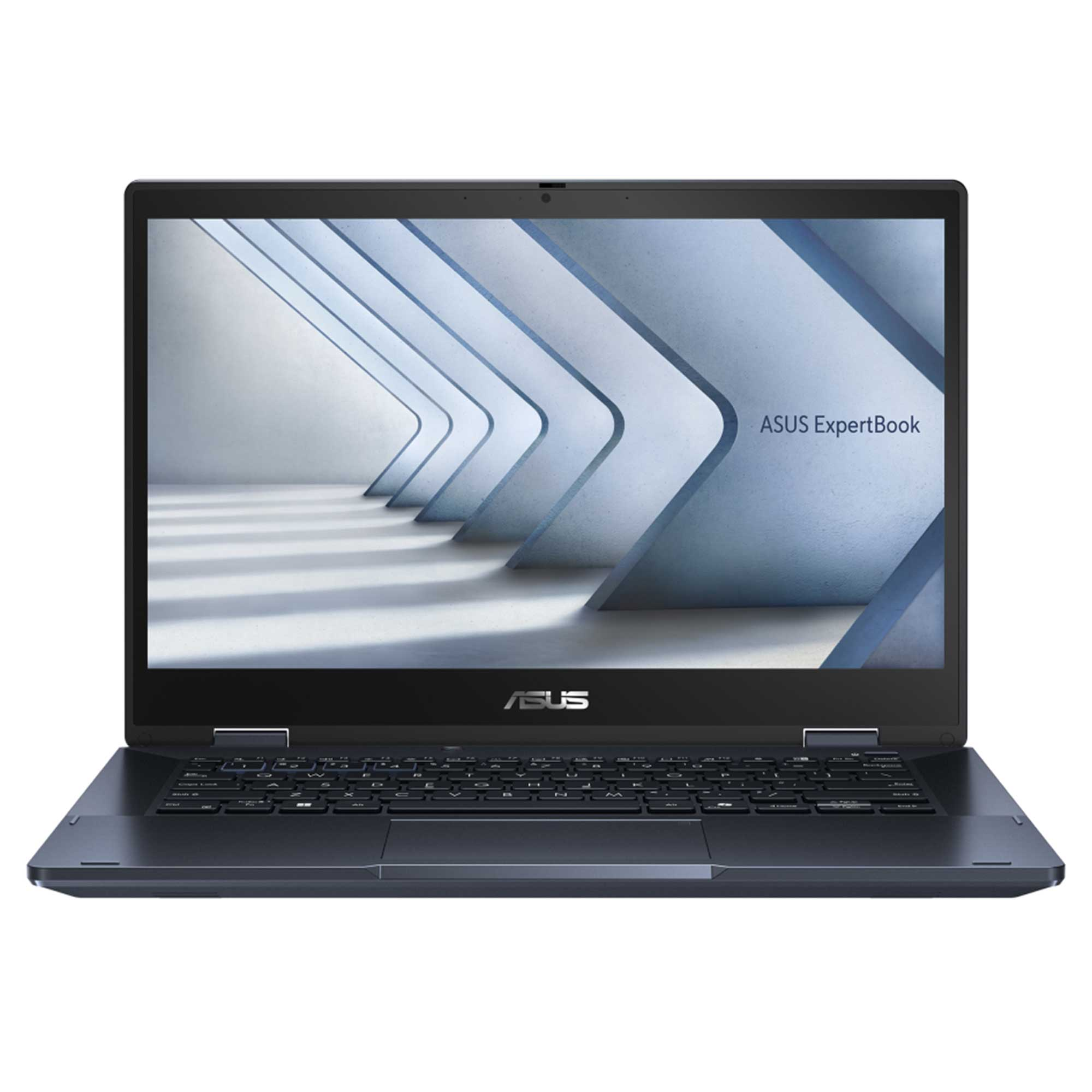 Koyu mavi ASUS ExpertBook dizüstü bilgisayar. Ekran beyaz ve mavi soyut bir tasarım sergiliyor. Klavyeyi ekranın altında görebilirsiniz.
