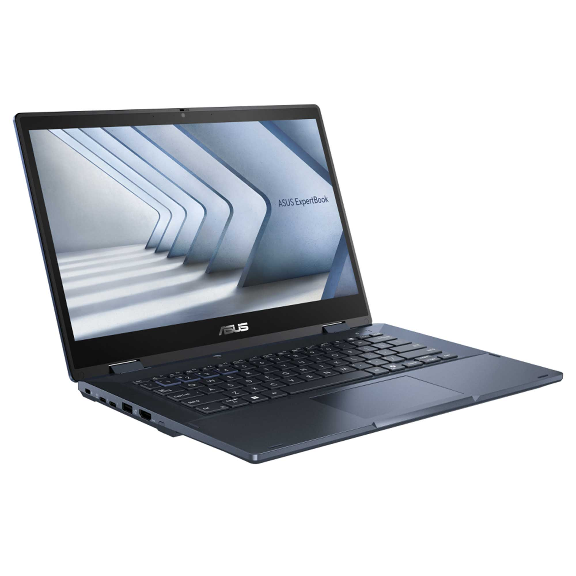 Koyu mavi bir ASUS ExpertBook dizüstü bilgisayar. Ekran beyaz ve mavi soyut bir tasarım gösteriyor. Klavye siyahtır.