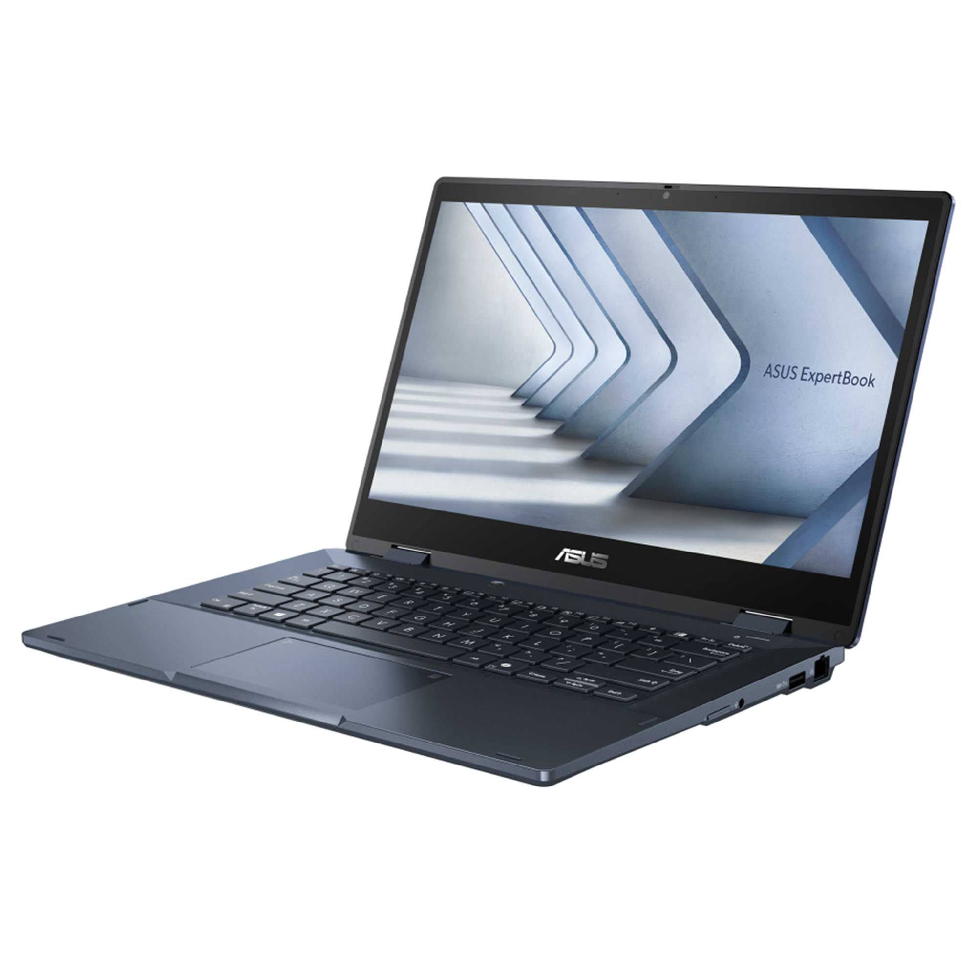 Koyu mavi bir ASUS ExpertBook dizüstü bilgisayar. Ekran, açık mavi soyut bir tasarım gösteriyor. Dizüstü bilgisayar açık.