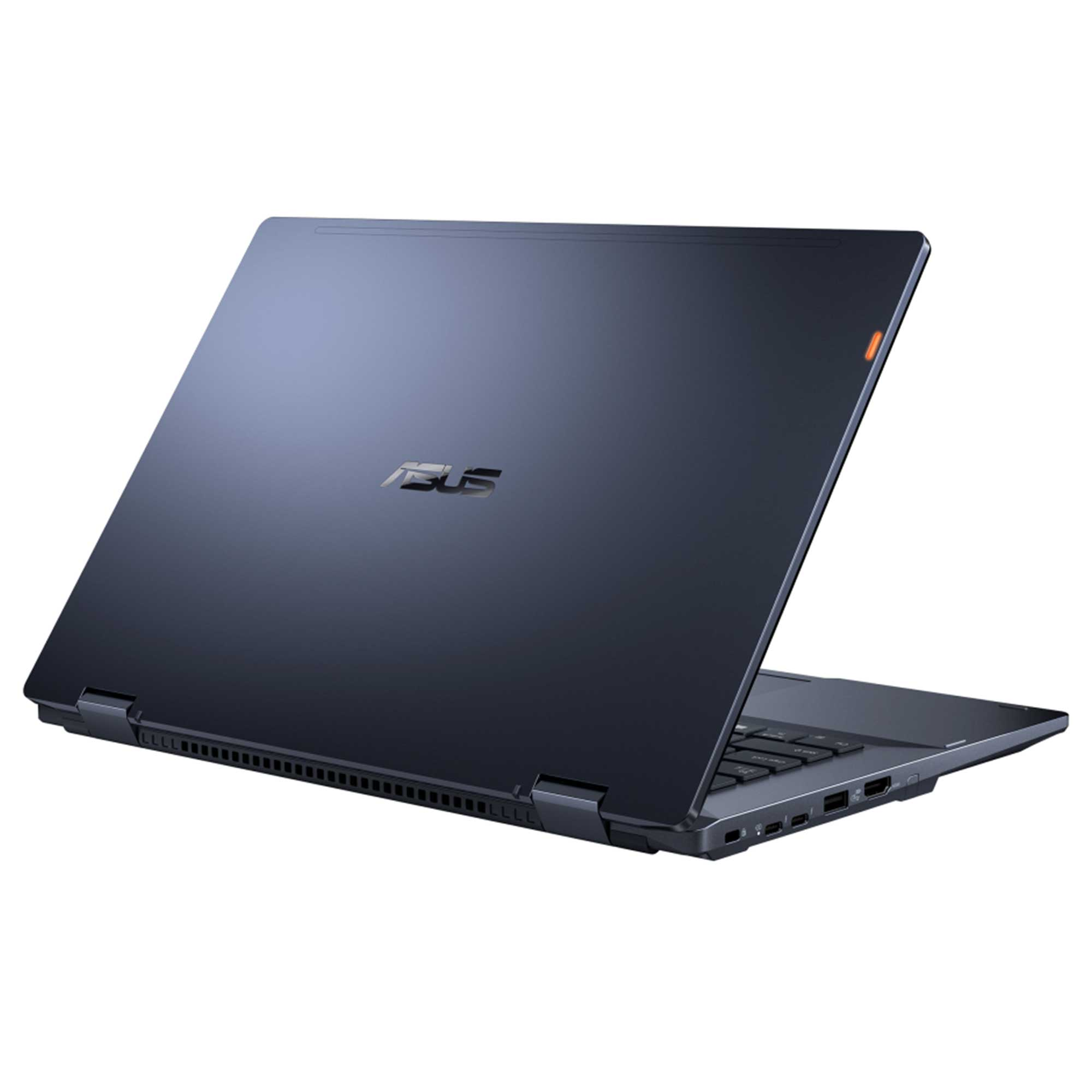 Koyu mavi laptop, bir açıyla açık, kapakta ASUS logosu, klavye ve portları gösteriyor. Beyaz zemin.