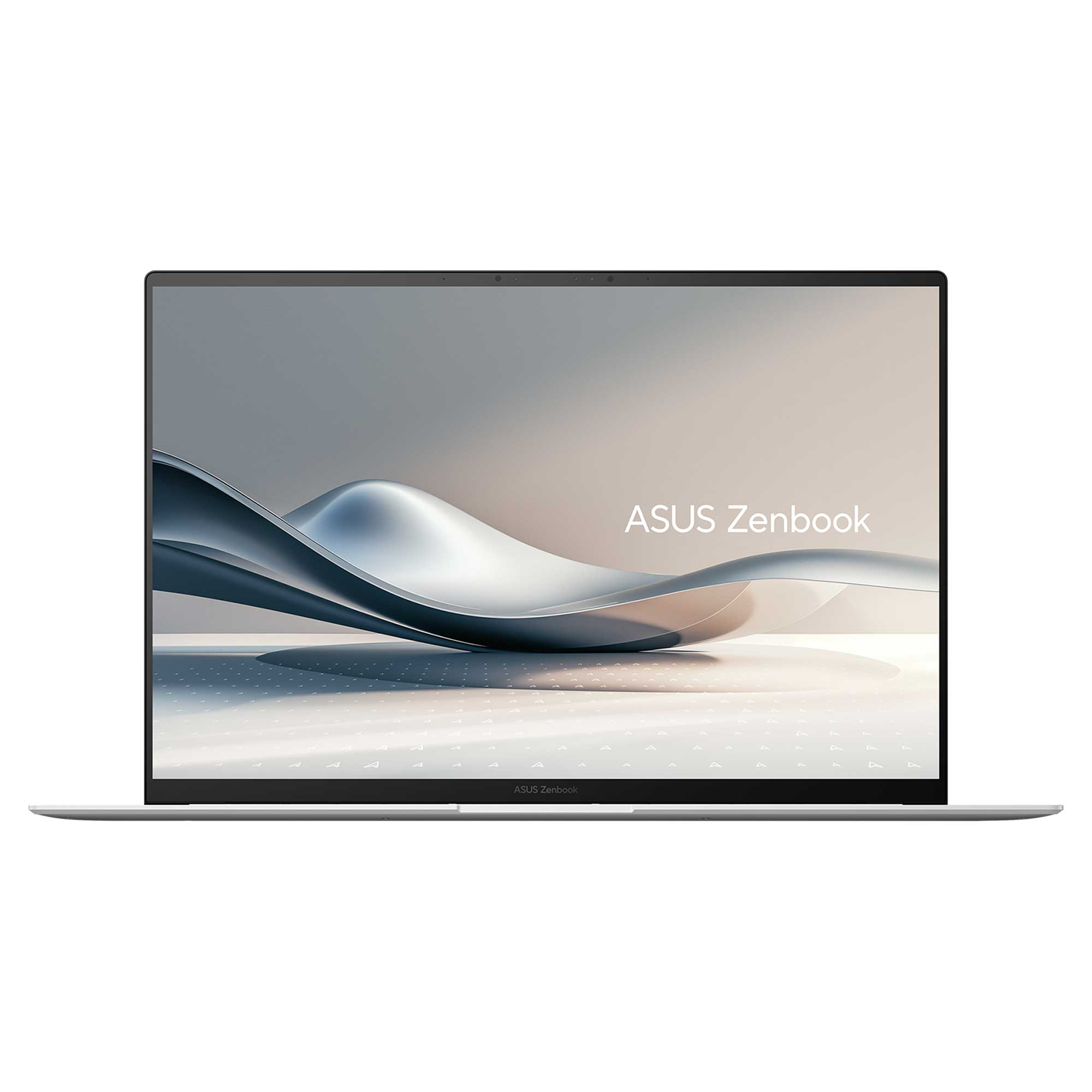 Gümüş renkli bir Asus Zenbook dizüstü bilgisayar açık. Ekran, Zenbook logosu ile akan soyut bir tasarım gösteriyor.