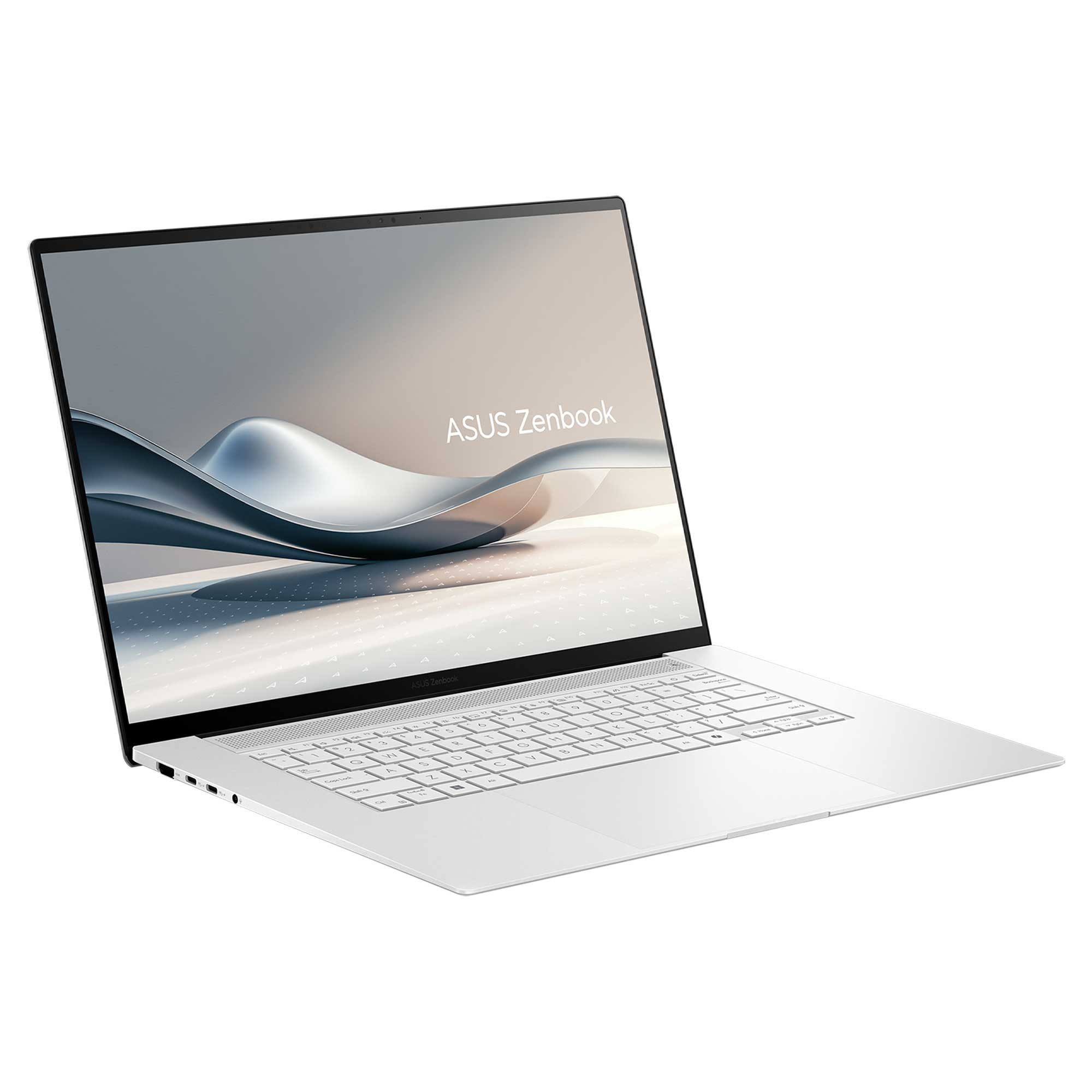 Beyaz bir ASUS Zenbook dizüstü bilgisayar hafifçe açık. Ekranda dalgalı bir tasarım görülüyor. Klavye görünür durumda.
