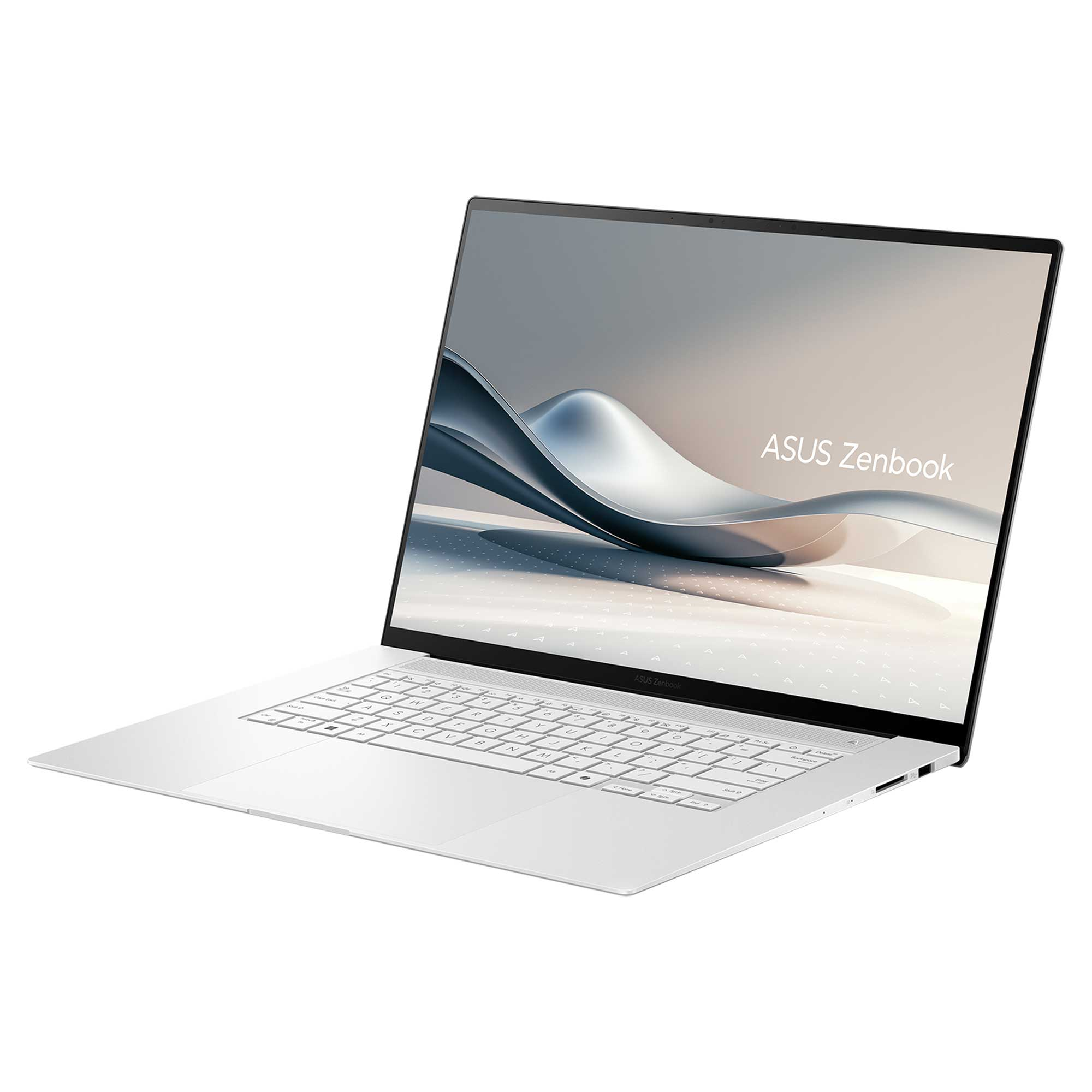 Beyaz bir ASUS Zenbook dizüstü bilgisayar açılı olarak görüntüleniyor. Ekran, ASUS Zenbook logosu ile bir tasarım gösteriyor.