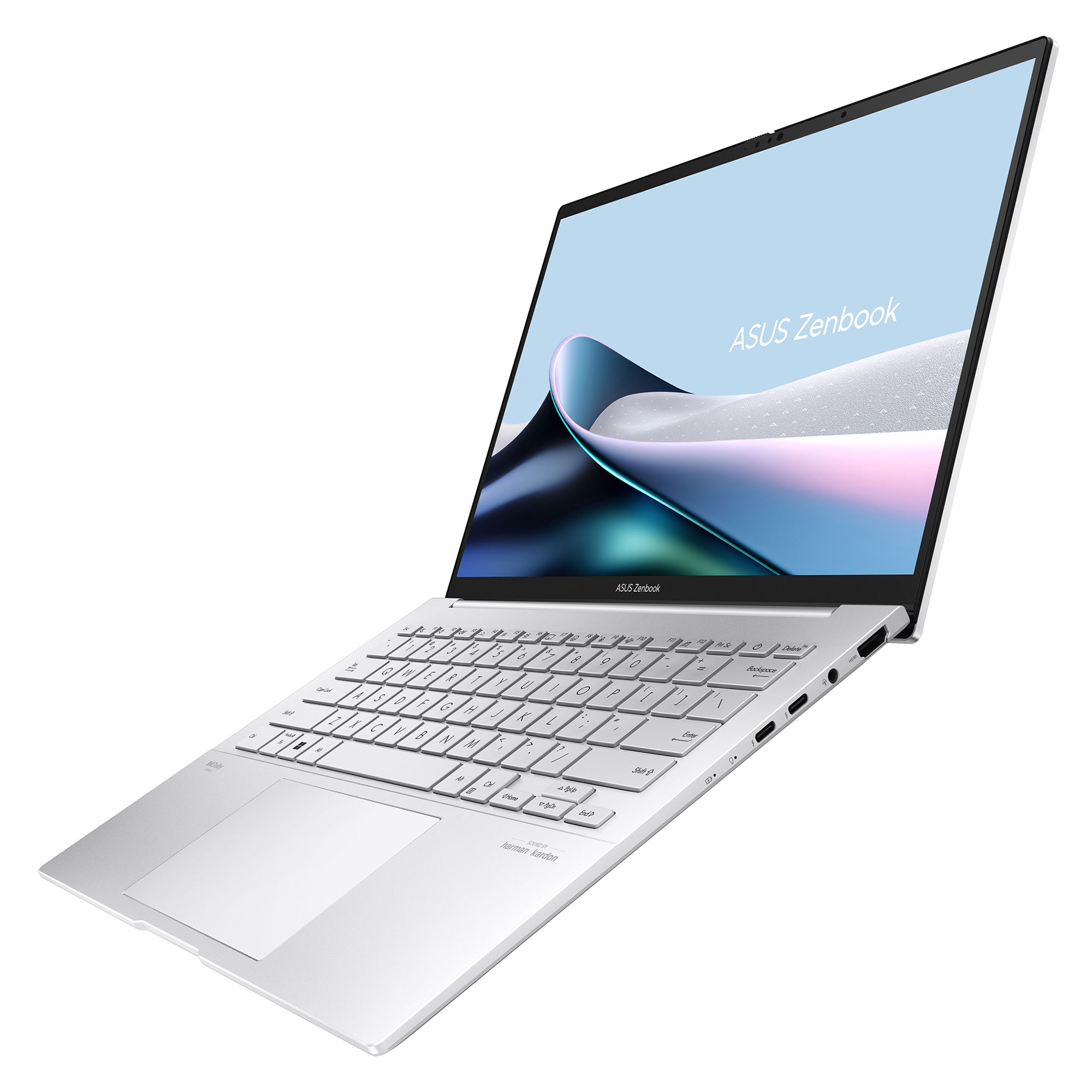 Gümüş ASUS Zenbook dizüstü bilgisayar açılı, klavye ve ekranı gösteriyor. Ekran ASUS Zenbook logosunu gösteriyor.