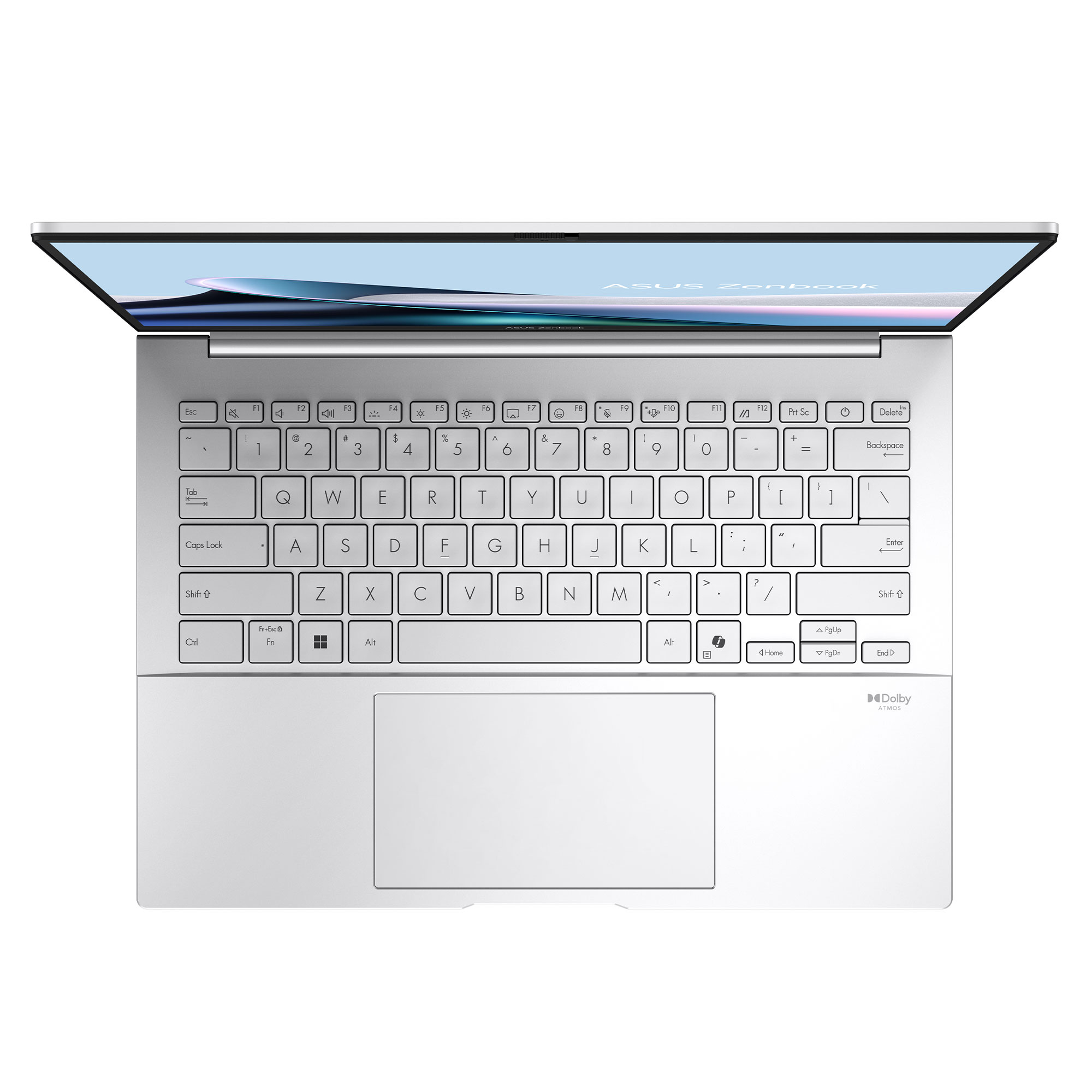ASUS Zenbook dizüstü bilgisayarın üstten görünümü. Klavye ve dokunmatik yüzey görünür. Ekran açıktır.