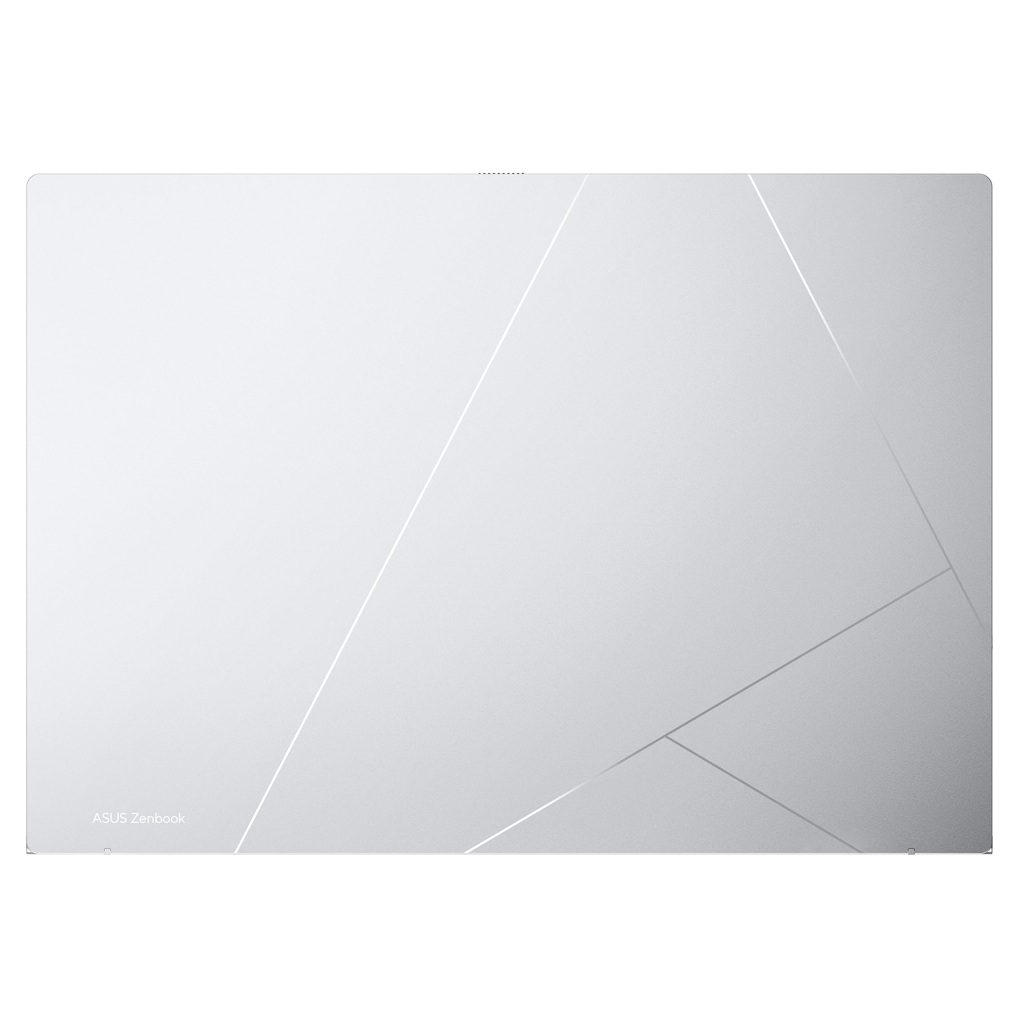 Geometrik gümüş çizgili beyaz bir ASUS Zenbook dizüstü bilgisayar kapağı. Marka adı sol altta.