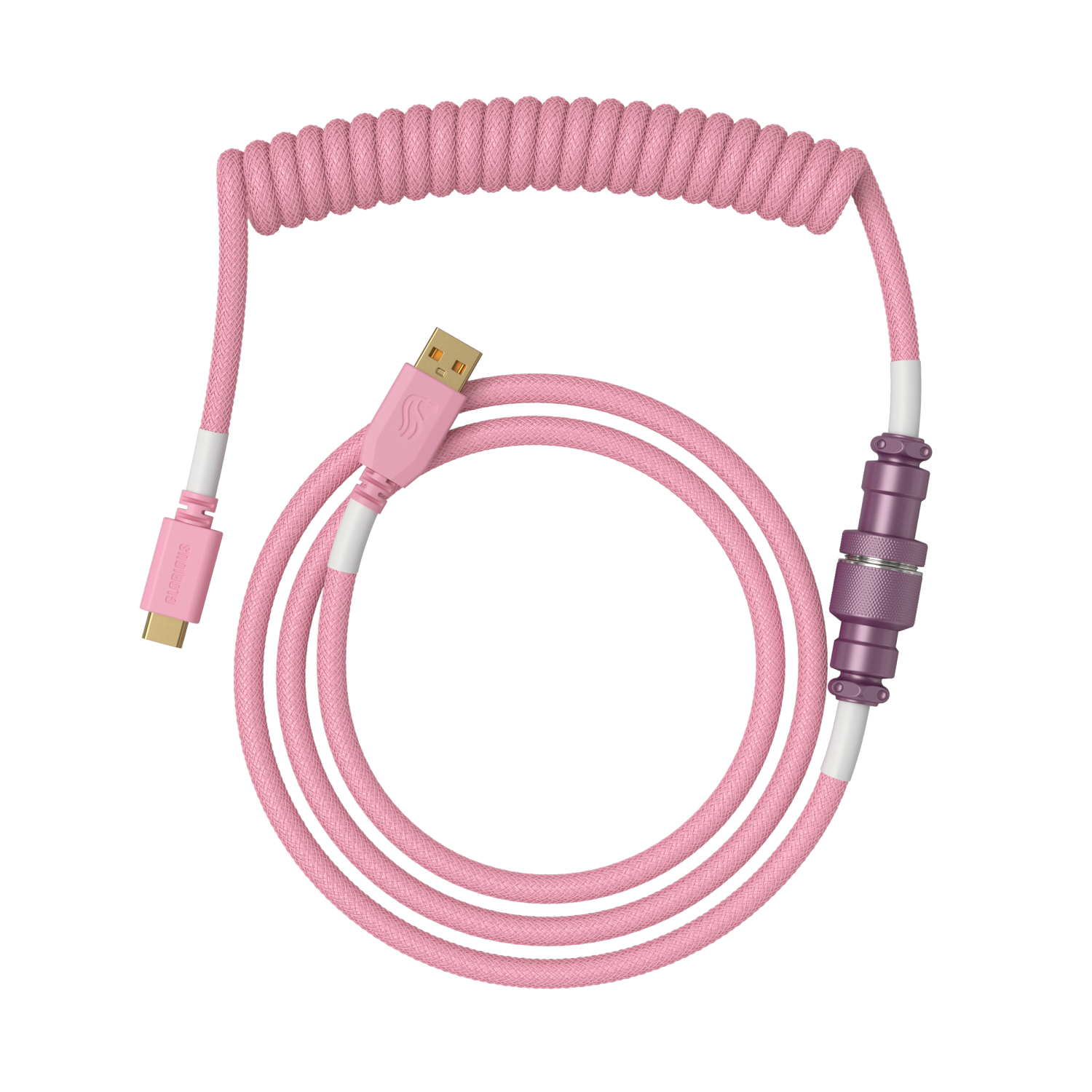 USB-C ve USB-A konektörlü, beyaz detaylı ve mor konektörlü pembe spiralli klavye kablosu.