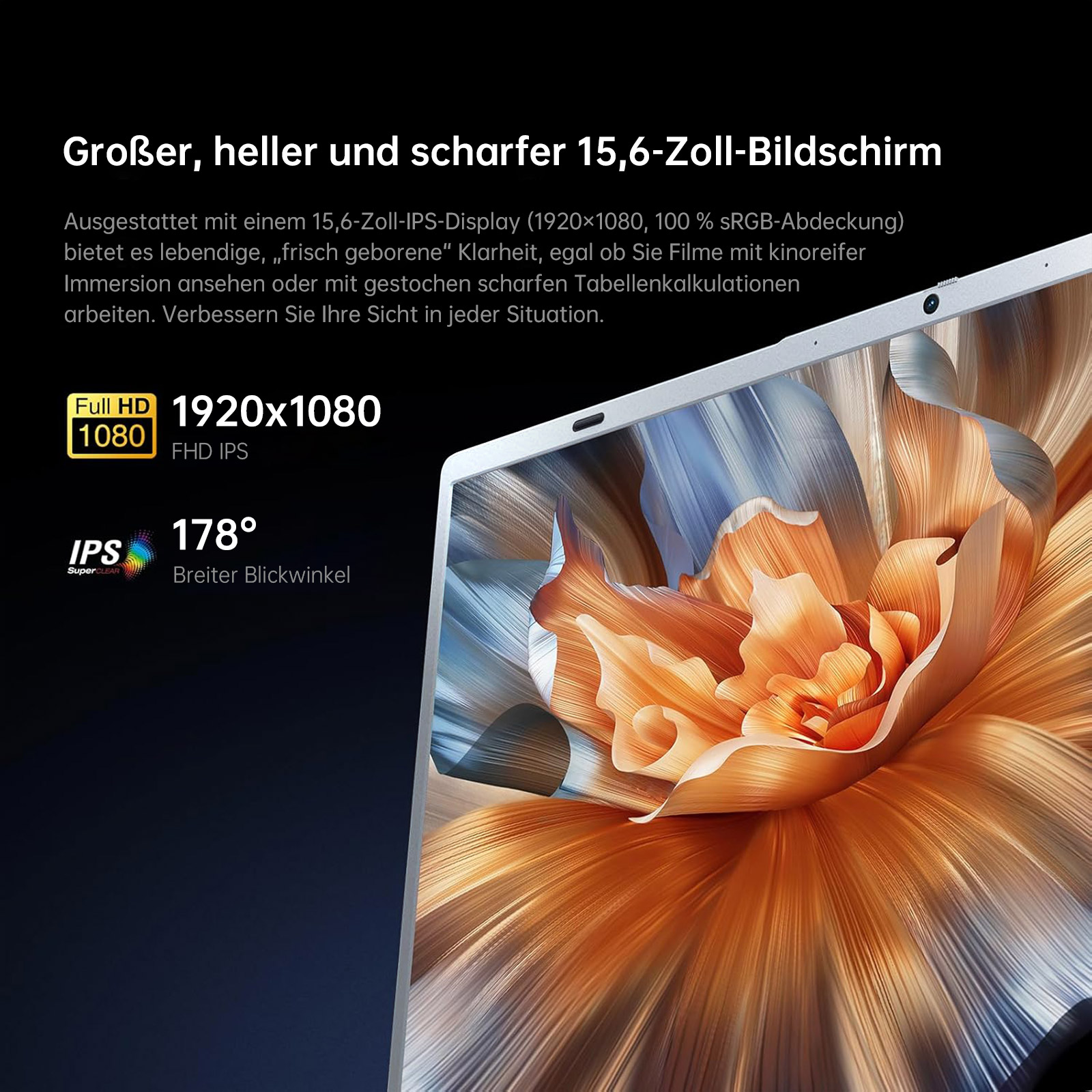 Laptop-Bildschirm mit orangefarbenem Blumendesign. Text enthält Bildschirmspezifikationen.