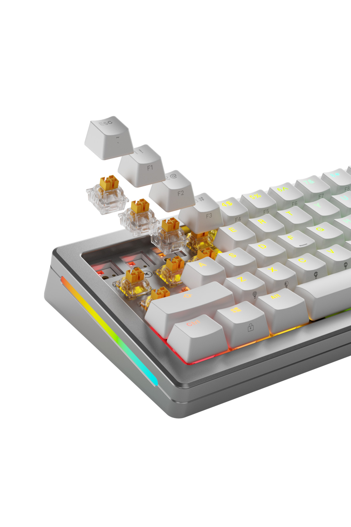 Tuş başlıkları çıkarılmış, anahtarları gösteren beyaz bir mekanik klavye. Klavye, gümüş bir çerçeveye ve RGB aydınlatmaya sahip.