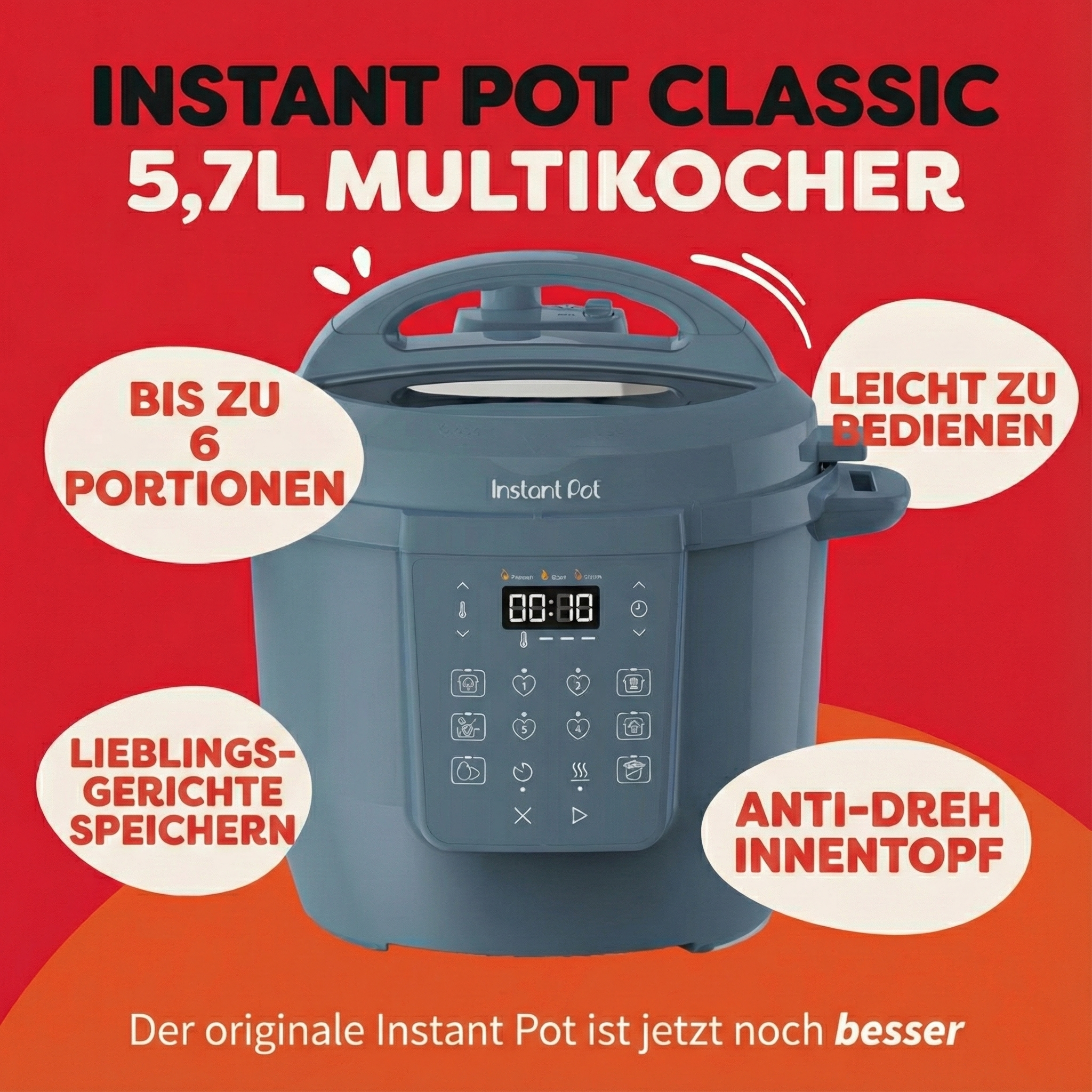 Niebiesko-szary Instant Pot z dymkami tekstowymi wskazującymi funkcje, takie jak łatwość użycia i do 6 porcji.