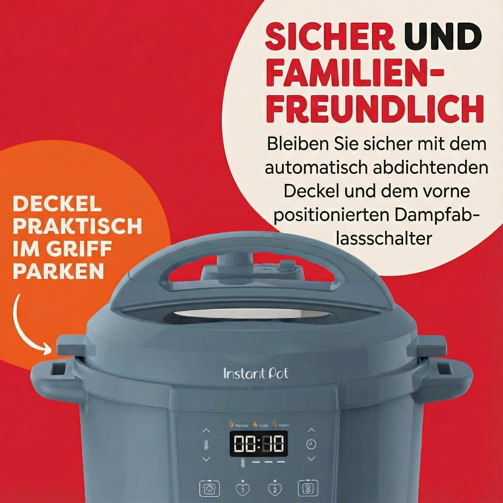Ein grauer Instant Pot vor rotem Hintergrund. Text: 'Sicher und familienfreundlich'.