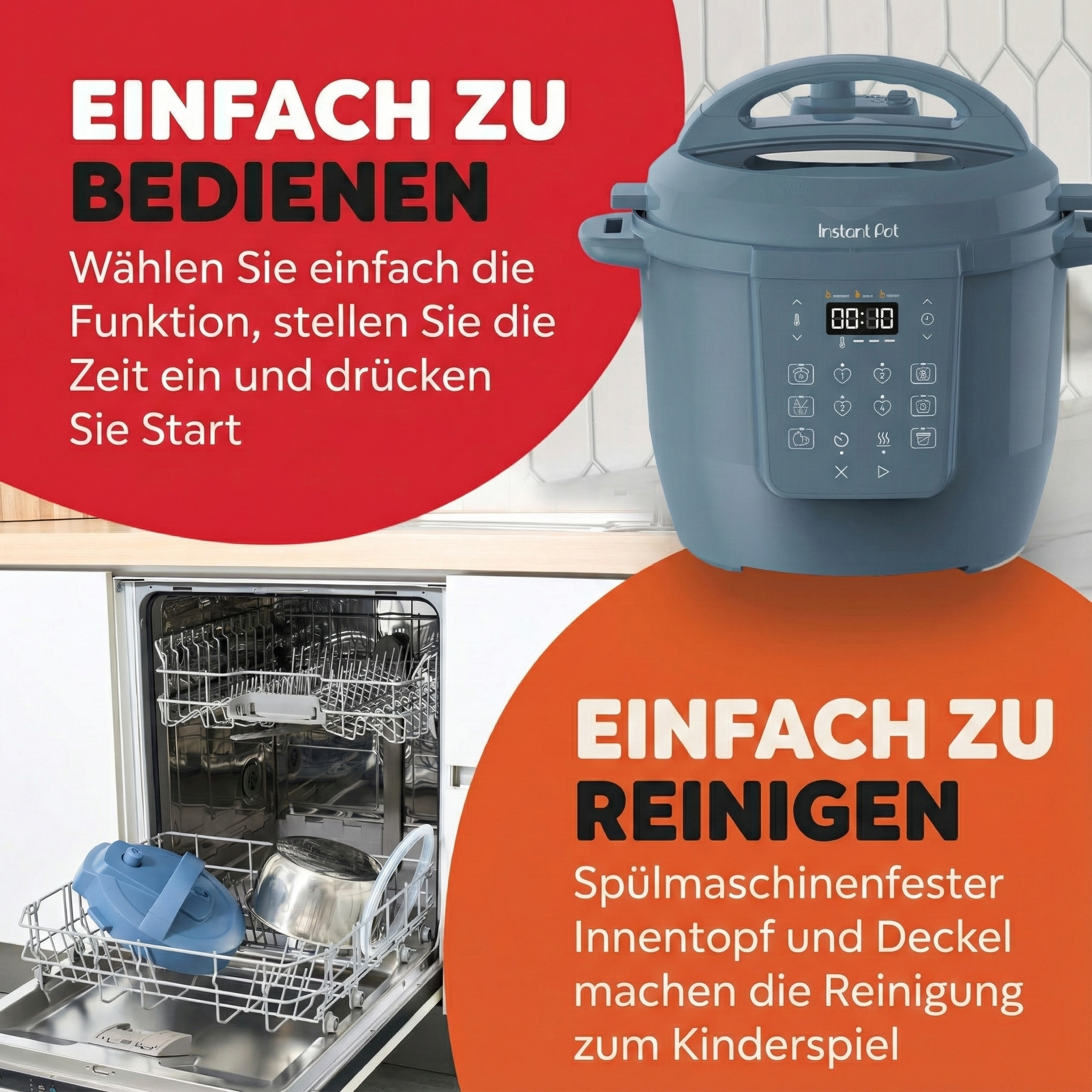 Instant Pot z wyświetlaczem czasu i zmywarka z częściami garnka. Tekst wskazuje na łatwość użytkowania i czyszczenia.