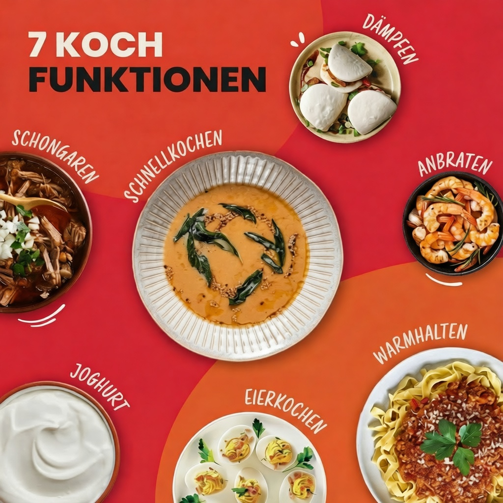 Obraz przedstawia 7 funkcji gotowania z potrawami: zupa, pierożki, krewetki, makaron, faszerowane jajka, jogurt i gulasz, na czerwonym tle.
