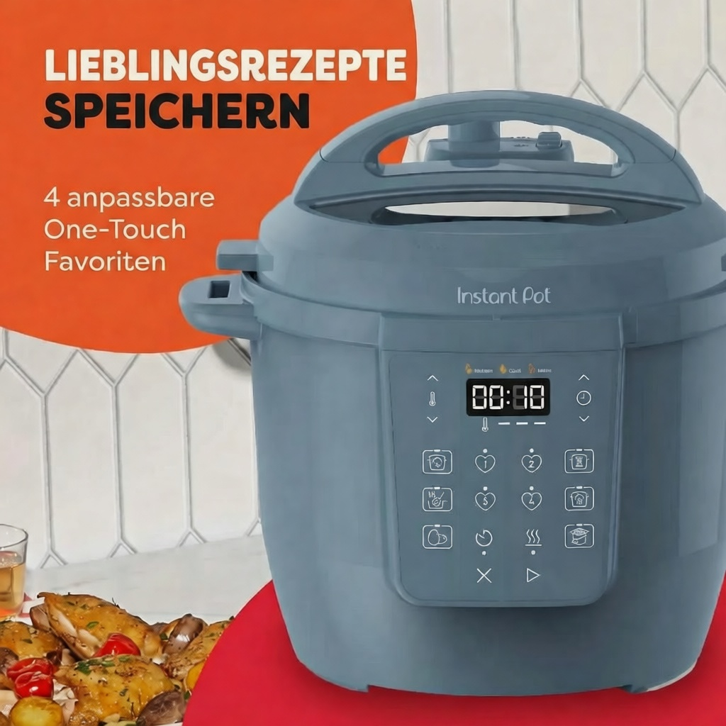 Niebieski Instant Pot z cyfrowym wyświetlaczem. Tekst u góry: 'LIEBLINGSREZEPTE SPEICHERN'. Talerz z jedzeniem na pierwszym planie.