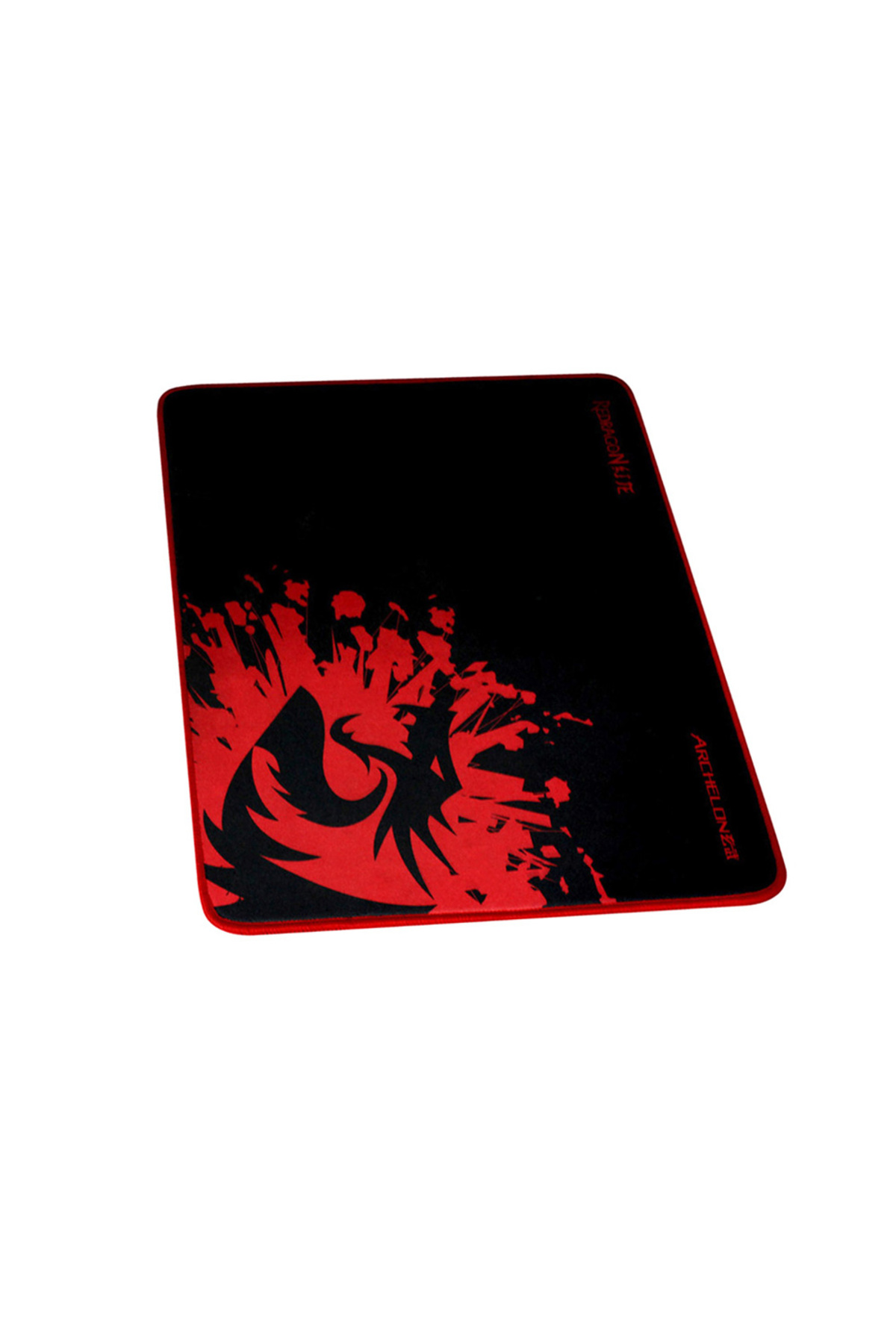 Kırmızı kenarlı siyah mousepad. Solda kırmızı ejderha benzeri tasarım, beyaz zemin ve sağ üstte metin.