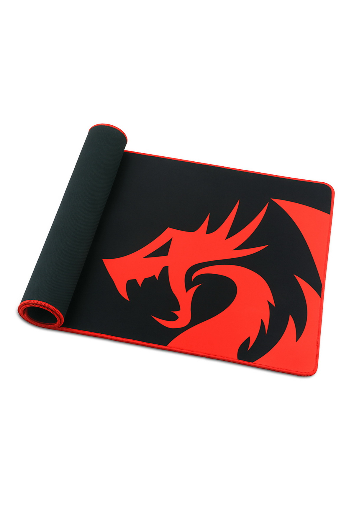 Czarna i czerwona podkładka pod mysz dla graczy z czerwonym logo smoka, częściowo zwinięta.