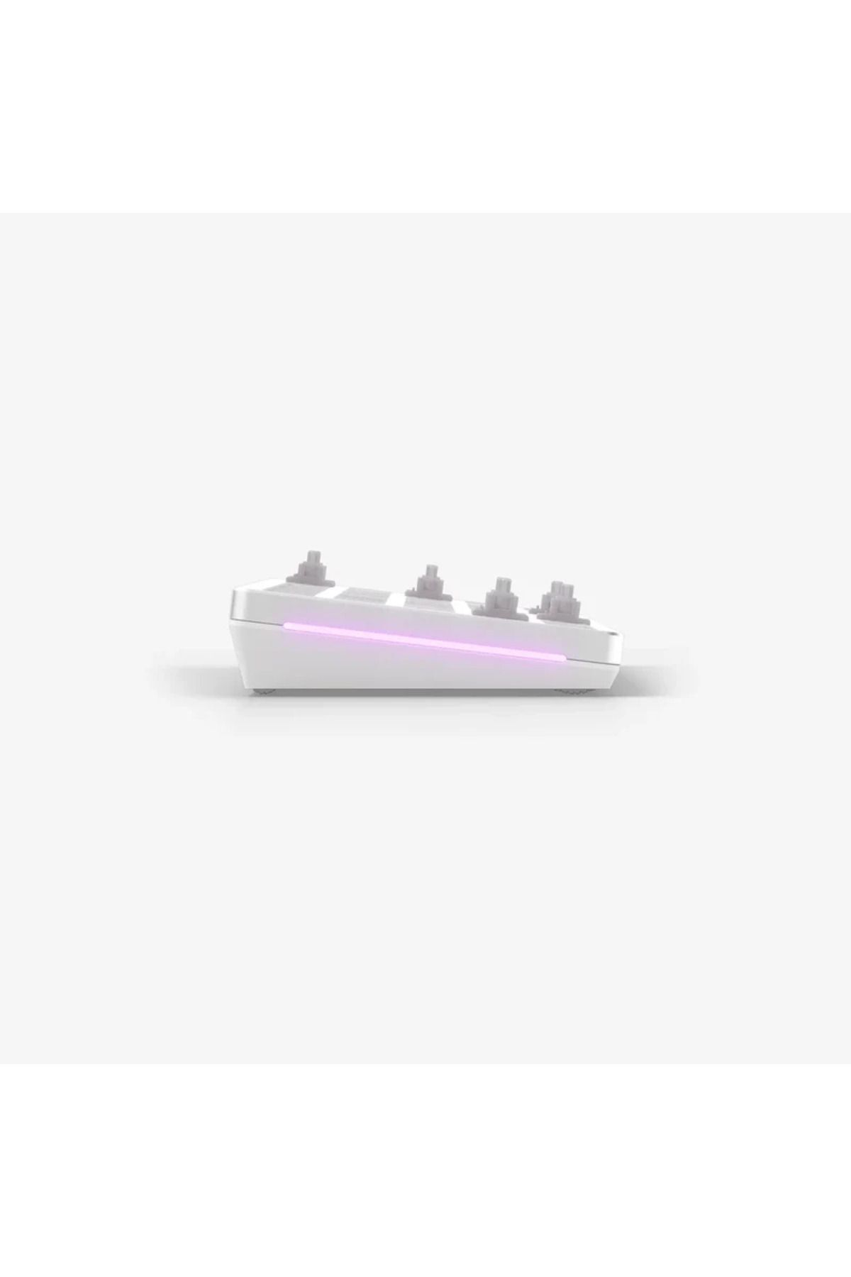 Dört tuş başlığına sahip beyaz bir klavye tabanı. Pembe bir ışık şeridi yan tarafta uzanır. Hepsi beyaz bir arka plan üzerinde.