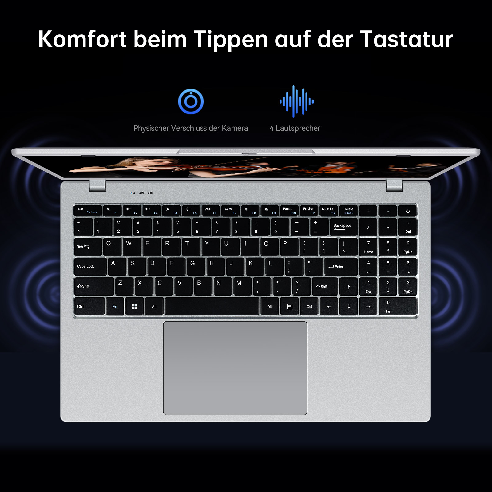 Laptop mit geöffnetem Bildschirm. Tastatur sichtbar. Text oben: Komfort beim Tippen auf der Tastatur. Kamera- und Lautsprecher-Icons.