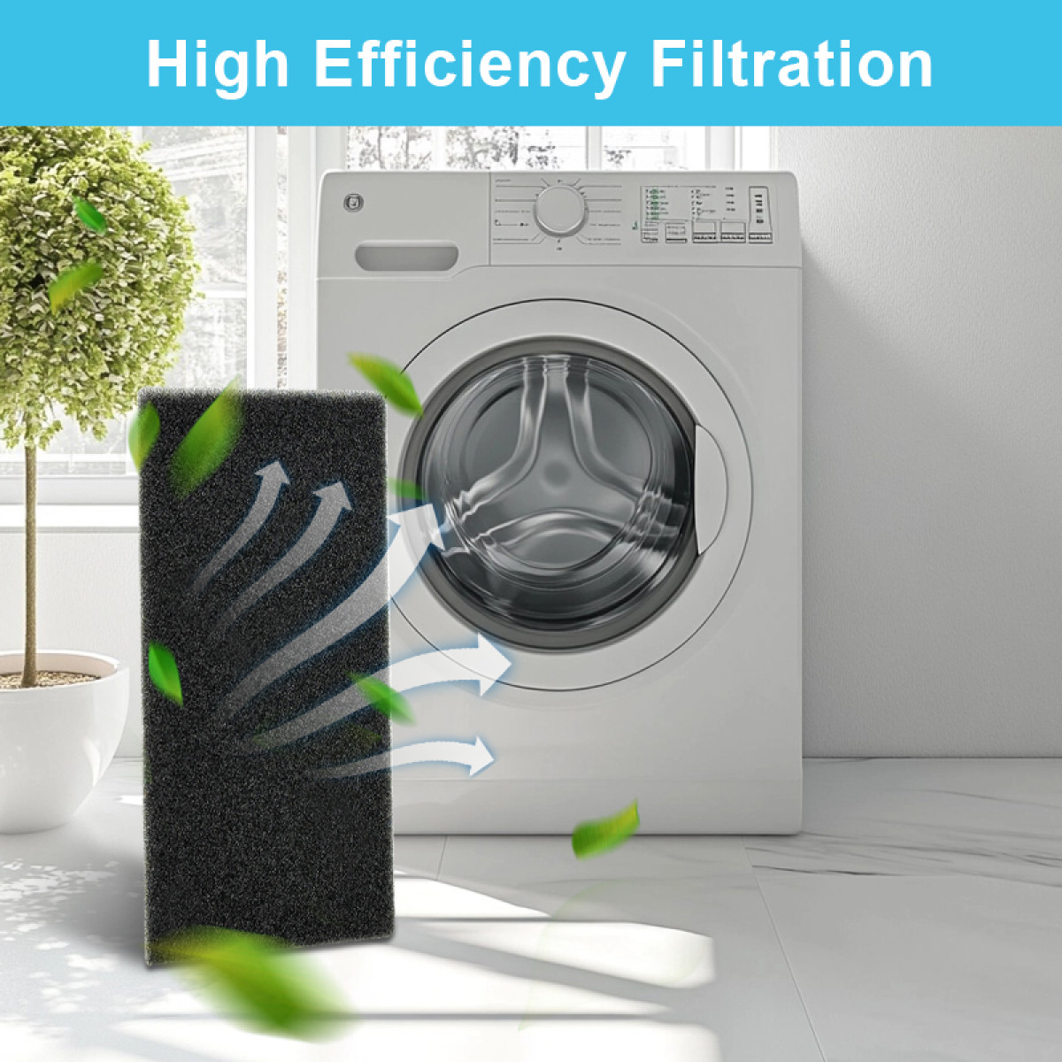 Czarny filtr z białymi strzałkami pokazującymi przepływ powietrza. Zielone liście unoszą się w pobliżu pralki i rośliny.