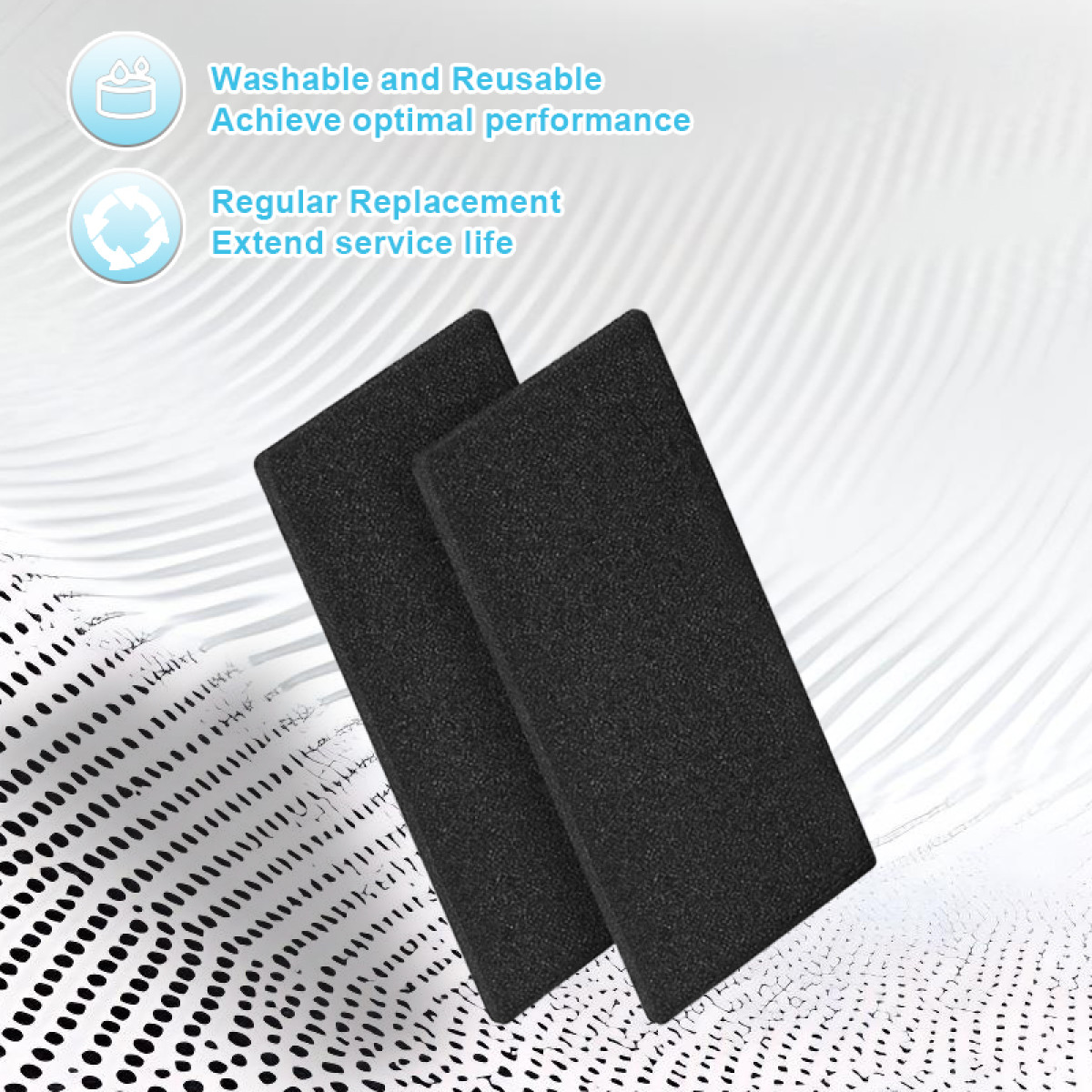 Dwa czarne prostokątne filtry na białym i jasnoniebieskim tle z wzorem, tekstem i ikonami.