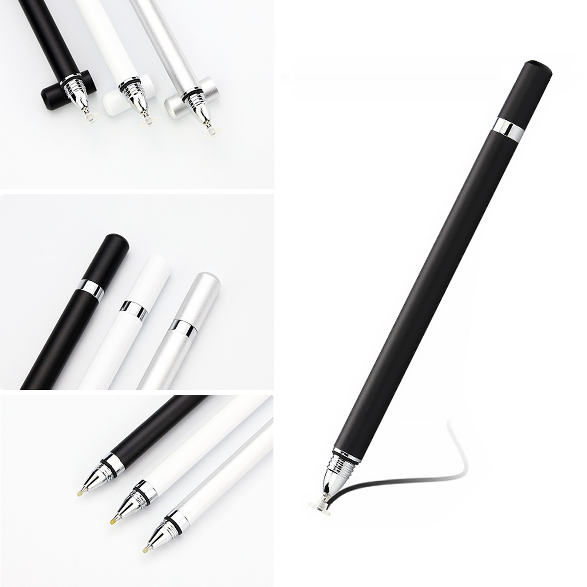 Zdjęcie przedstawia wiele rysików, czarnych, białych i srebrnych. Niektóre są pojedyncze, inne w grupach. Wszystkie mają cienką końcówkę i elegancki design.