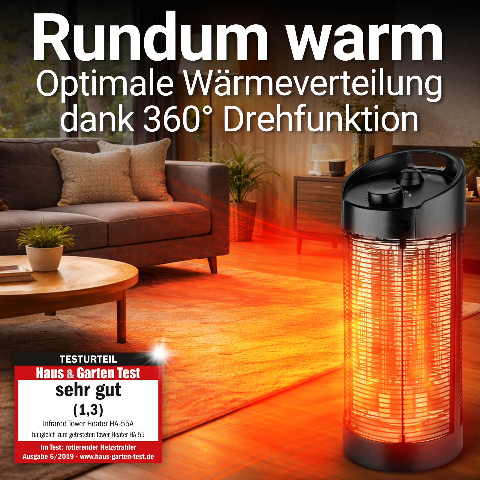 Ein Heizgerät mit rotem Glühen. Im Hintergrund ein Wohnzimmer mit Couch, Tisch und Teppich.