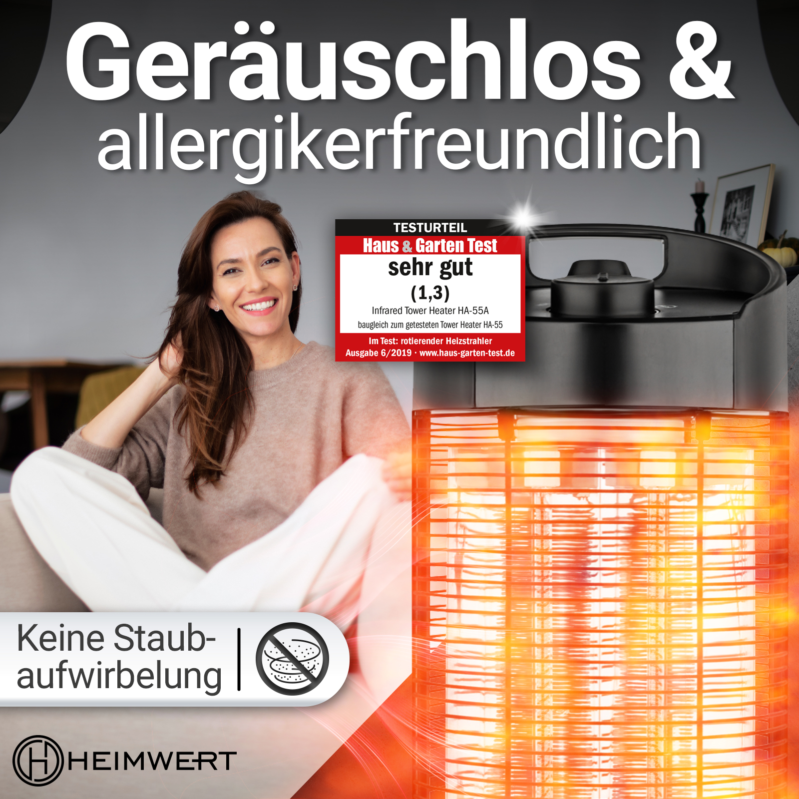 Frau lächelt neben einer Heizung. Text sagt 'Geräuschlos & allergikerfreundlich' und 'Haus & Garten Test sehr gut'.