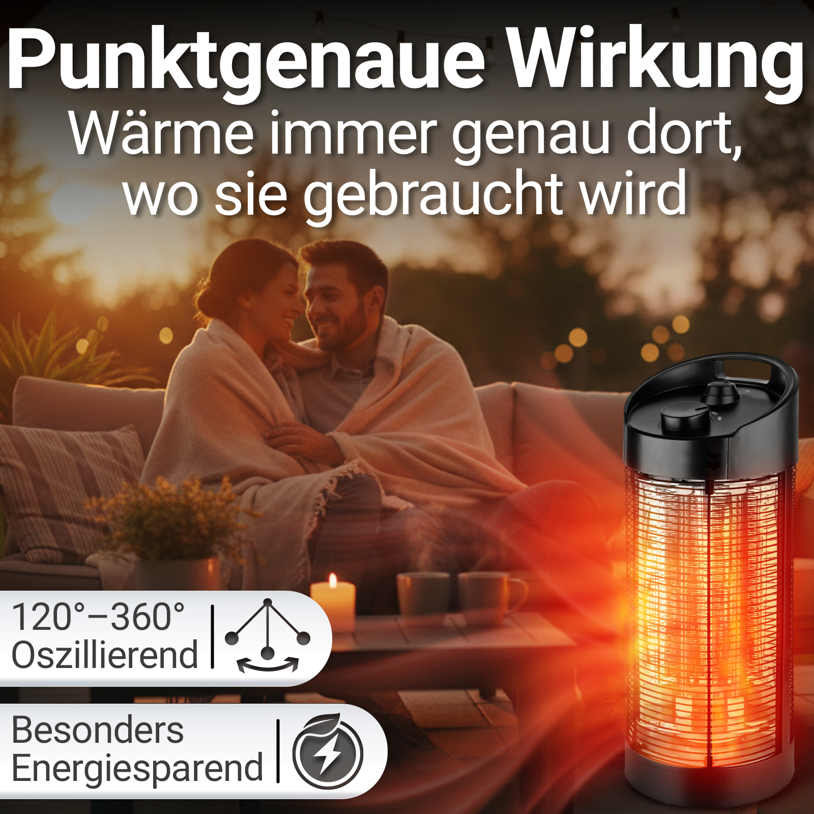 Ein Paar sitzt auf einer Couch, in eine Decke gehüllt, mit einem Heizgerät im Vordergrund. Text überlagert: 'Präzise Wirkung'.