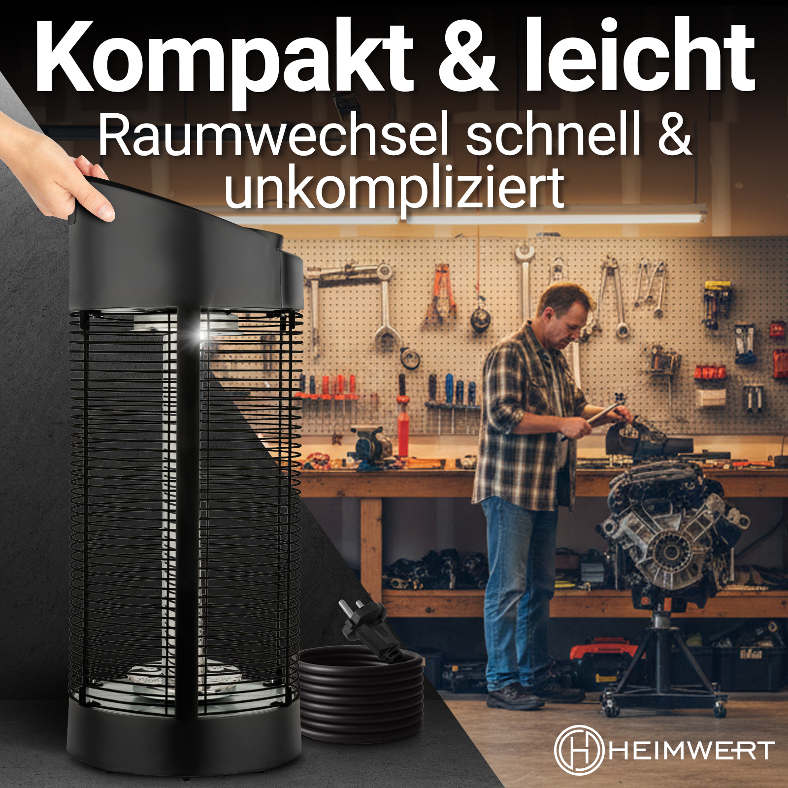 Ein Mann arbeitet an einem Automotor. Ein schwarzer Luftreiniger ist im Vordergrund. Text: Kompakt & leicht, Raumwechsel schnell & unkompliziert.
