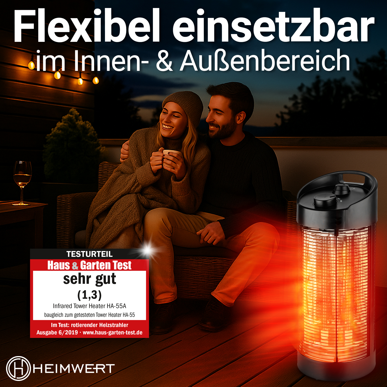 Paar sitzt draußen, lächelt, mit Heizung. Text zeigt 'sehr gut' Testergebnis für einen Turmheizer.