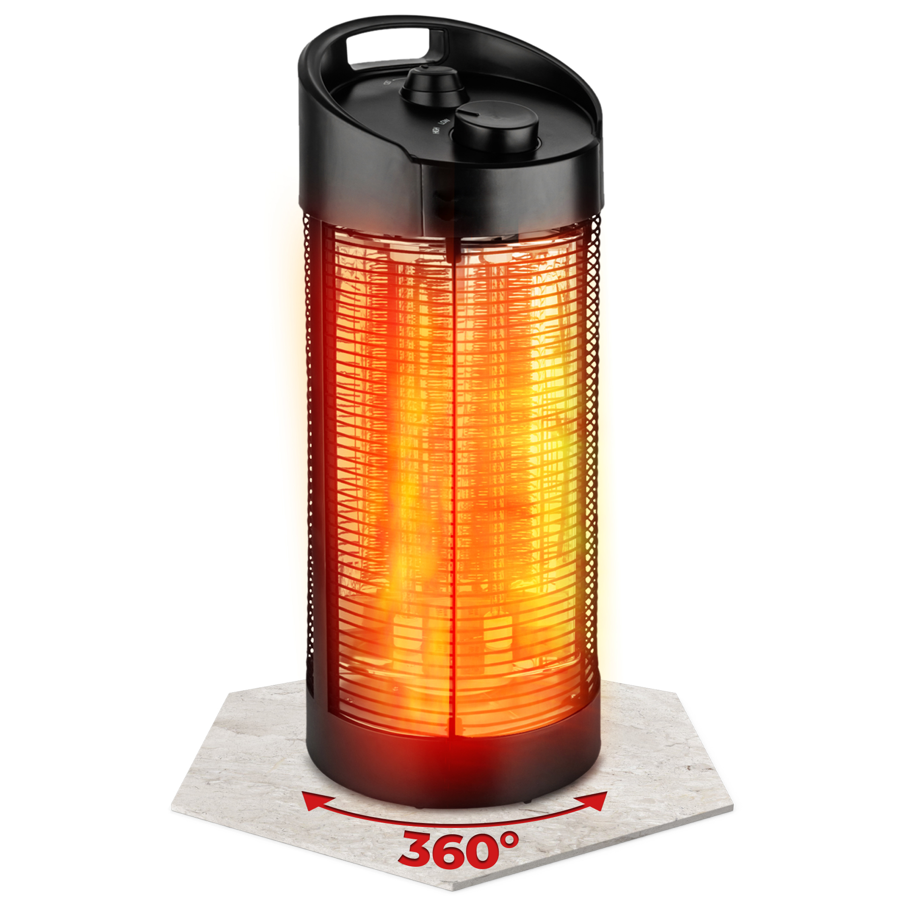 Schwarzer zylindrischer Heizlüfter mit leuchtend orangefarbenem Innenraum. Er steht auf einem Steinsockel, mit 360-Grad-Drehsymbol.