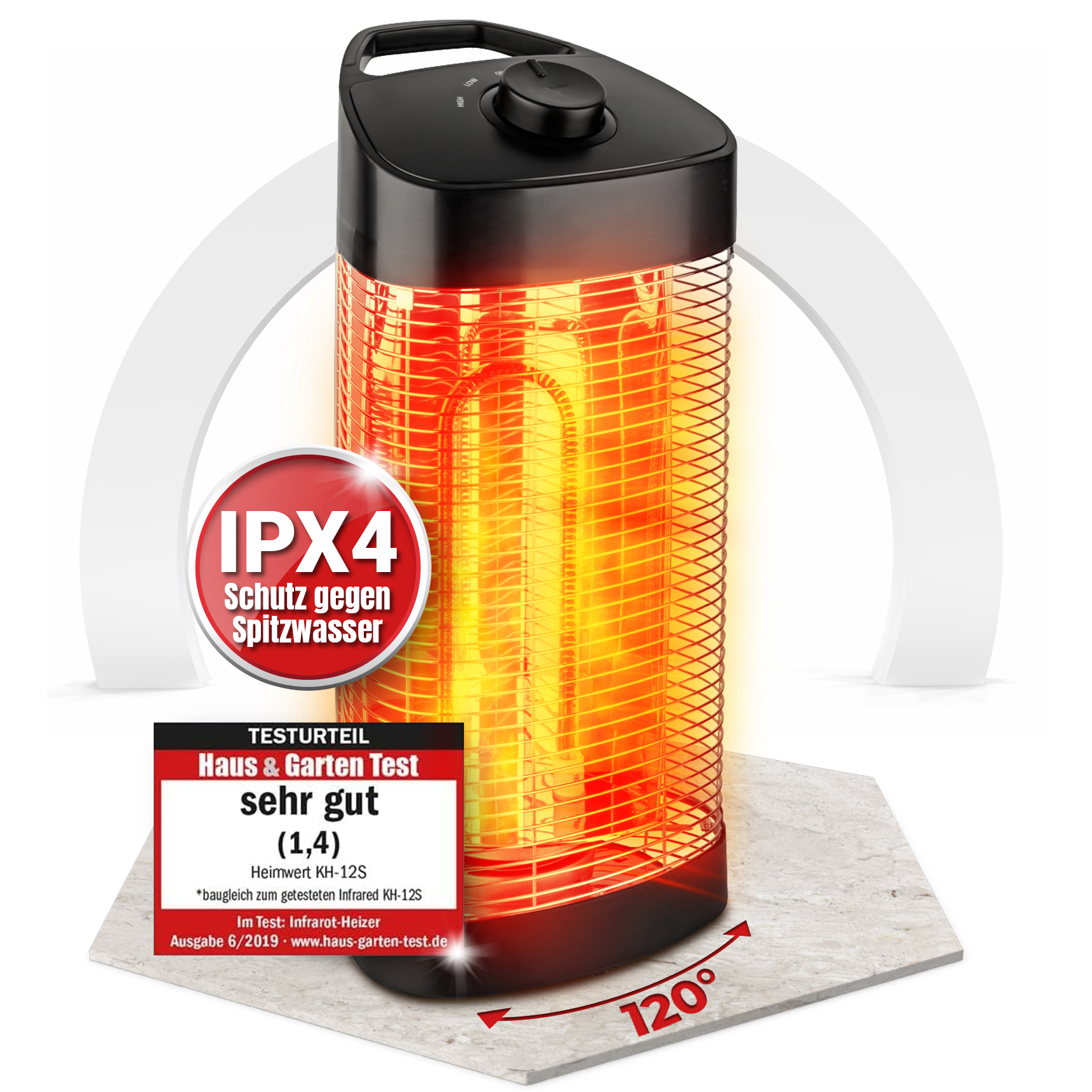 Ein schwarzer und roter Infrarotheizstrahler wird auf einer hellgrauen Oberfläche mit IPX4-Schutz gezeigt.