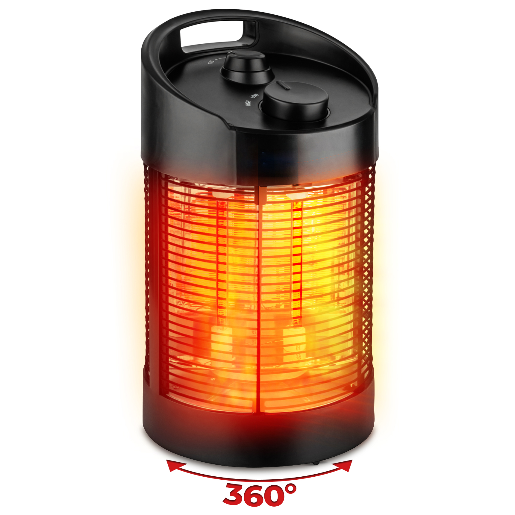 Ein schwarzer, zylindrischer Heizlüfter mit leuchtendem orangefarbenem Heizelement und zwei Knöpfen.