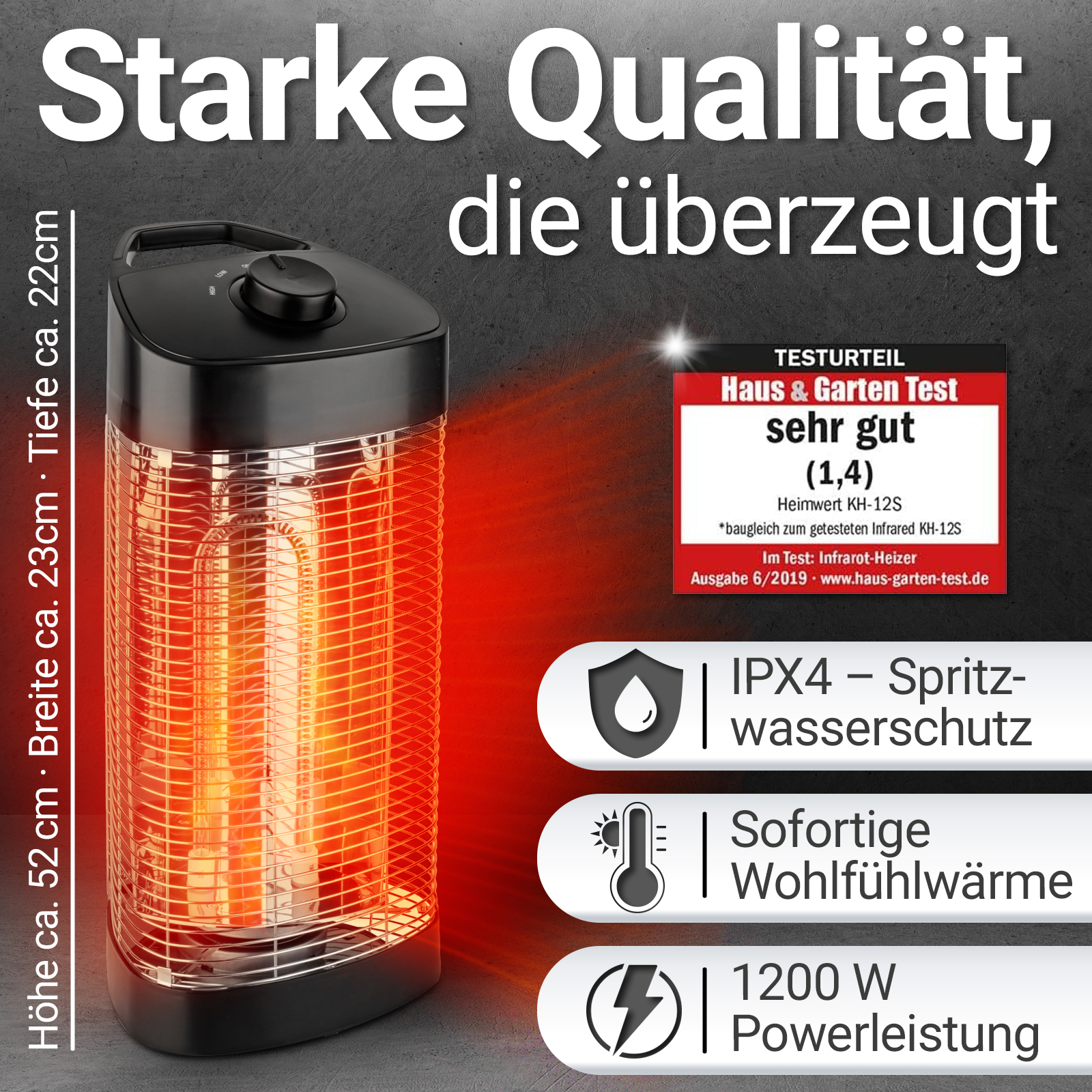 Ein Infrarot-Heizgerät wird gezeigt. Es ist schwarz und hat einen orangefarbenen Schein. Text: Starke Qualität. Haus & Garten Test sehr gut.