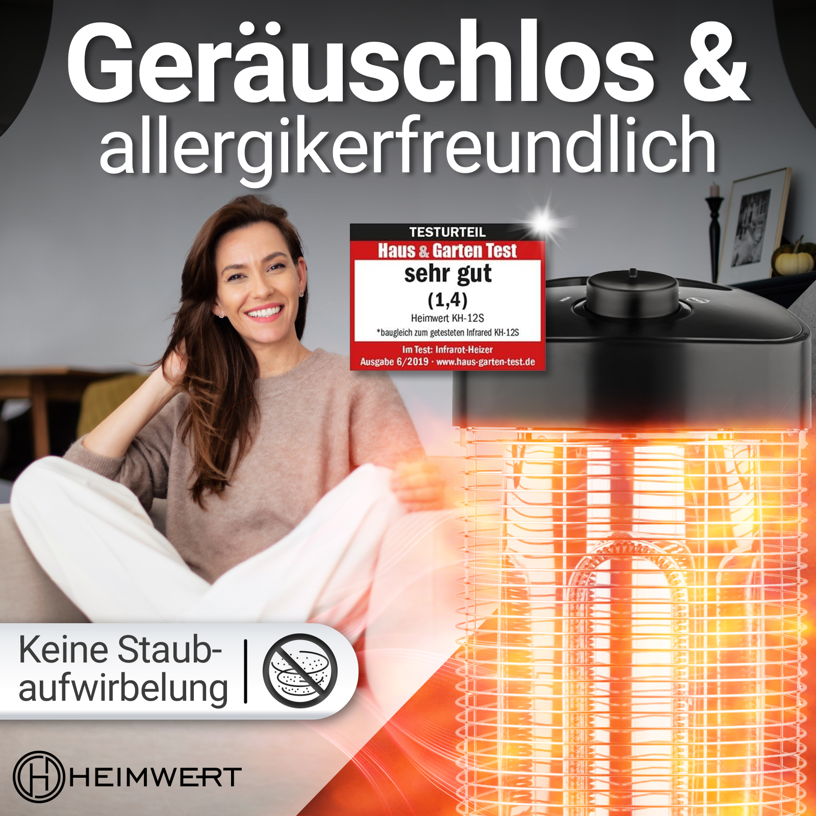 Frau lächelt neben Heizung. Text sagt 'allergikerfreundlich' und 'kein Staub'. Ein Testergebnis ist gezeigt.