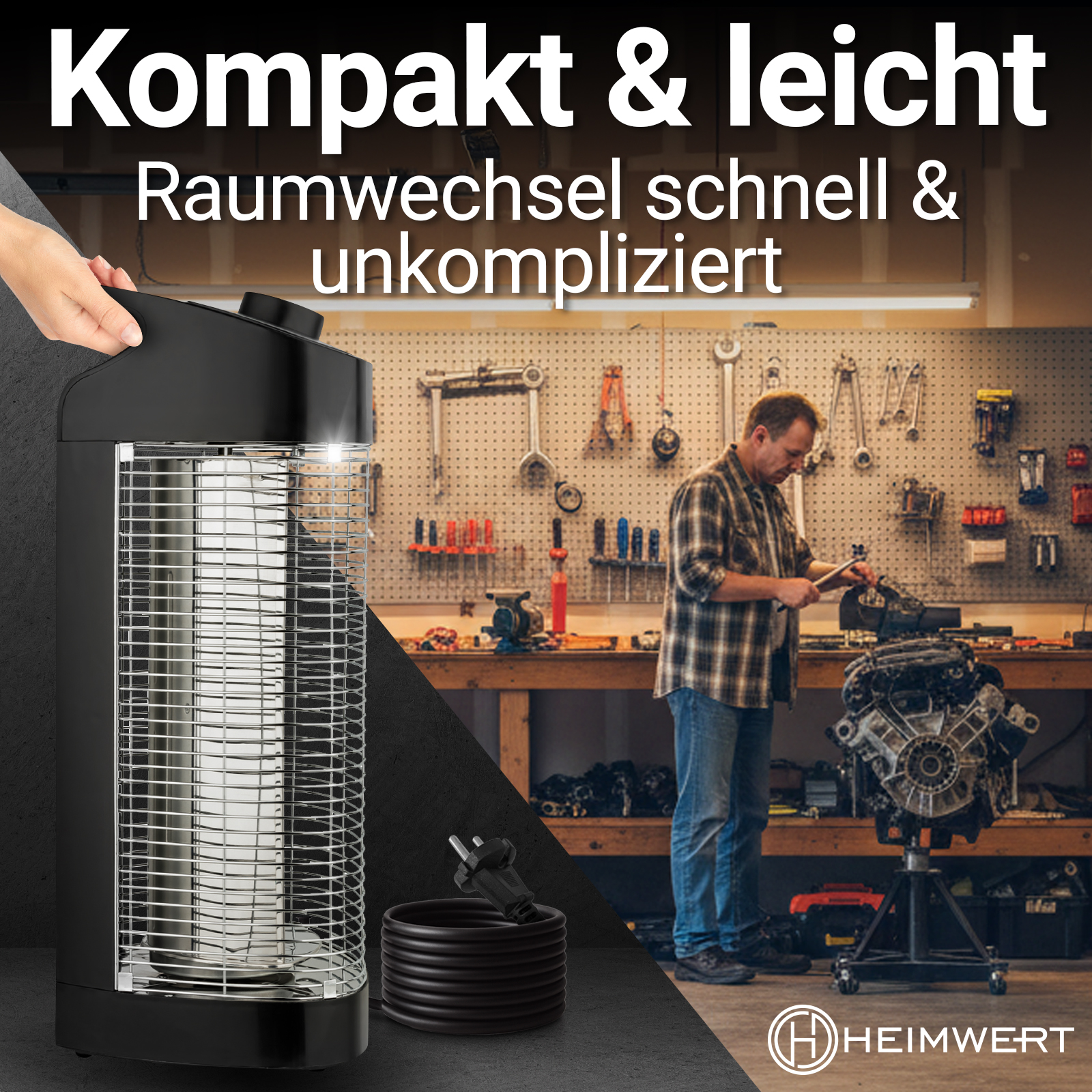 Eine schwarze Heizung wird von einer Hand gehalten. Ein Mann arbeitet in einer Werkstatt an einem Motor. Text: 'Kompakt & leicht'.