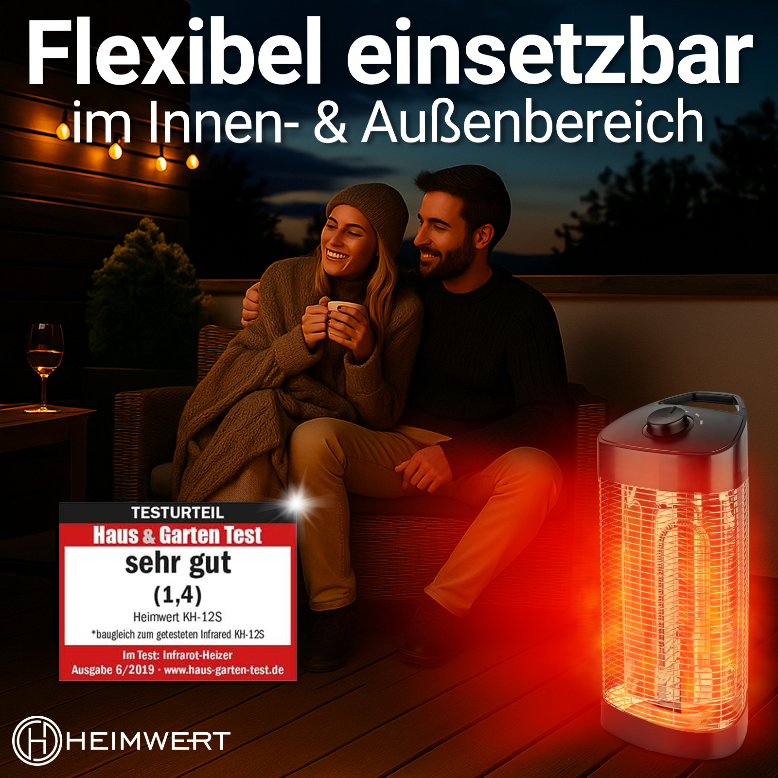 Ein Paar sitzt in der Nähe einer Heizung. Ein Testaufkleber befindet sich im Vordergrund. Die Heizung leuchtet rot.